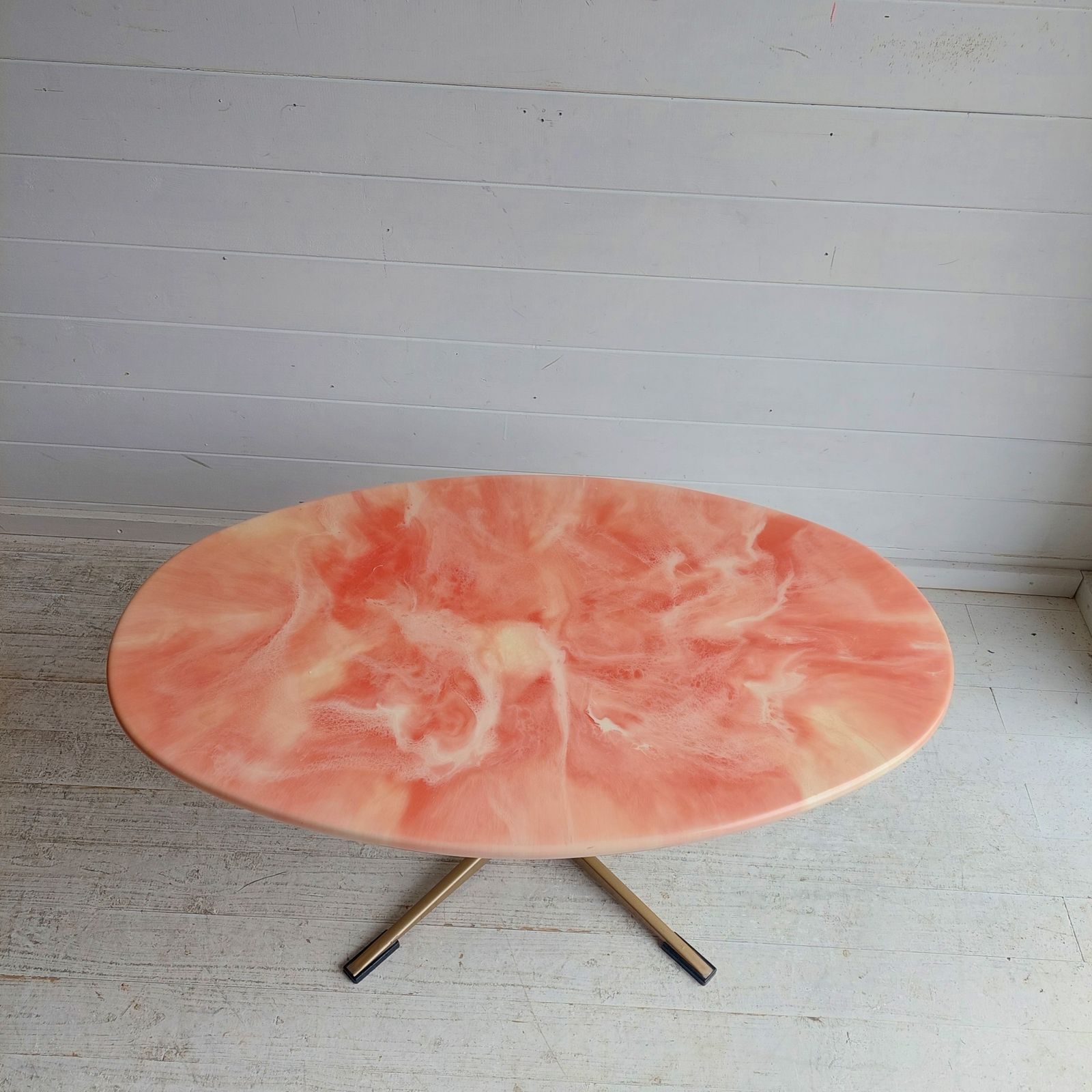 photo furniture Mid Century Pink Oval Coffee Table Onyx Resin And Gilt Metal X Base, Italy 1970s