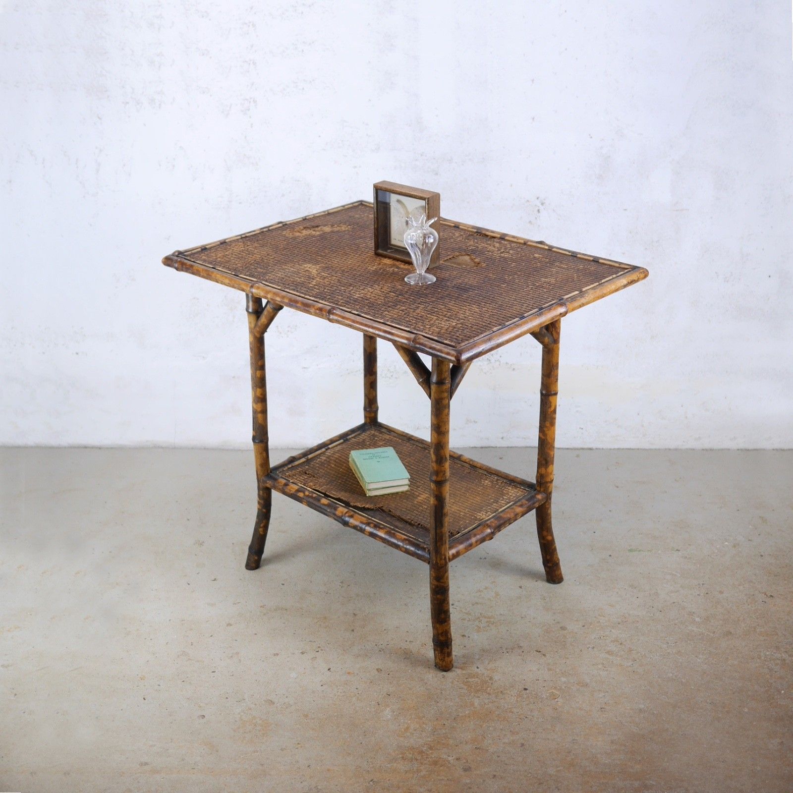 Large Antique Bamboo Two Tier Side Occasional Table Plant Stand Rattan #103104 photo vinterior
