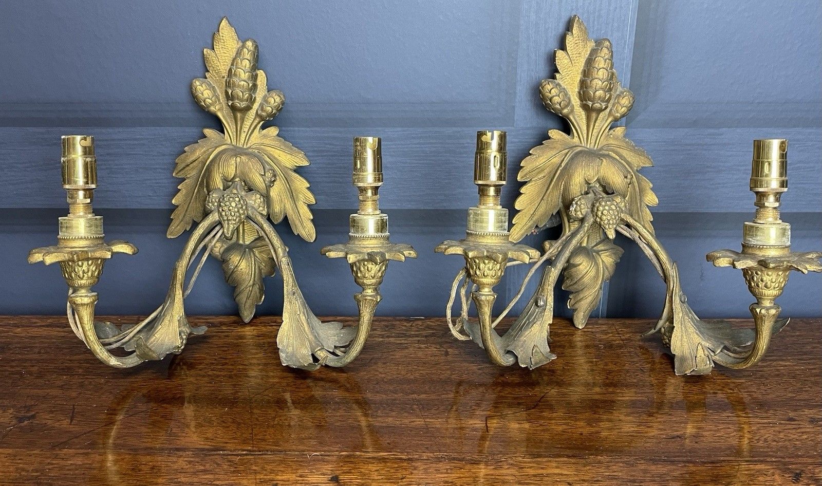Pair Continental Antique Gilt Sconces Wheat Wall Lights For Rewiring/Restoration