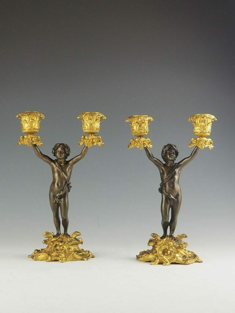 Pair Of 19th Century Bronze And Ormolu Twin Light Cherub Candelabra photo Home Decor