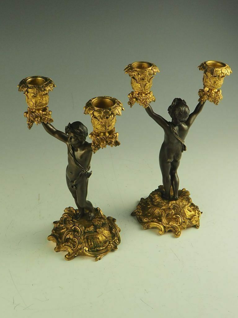Pair Of 19th Century Bronze And Ormolu Twin Light Cherub Candelabra photo vinterior