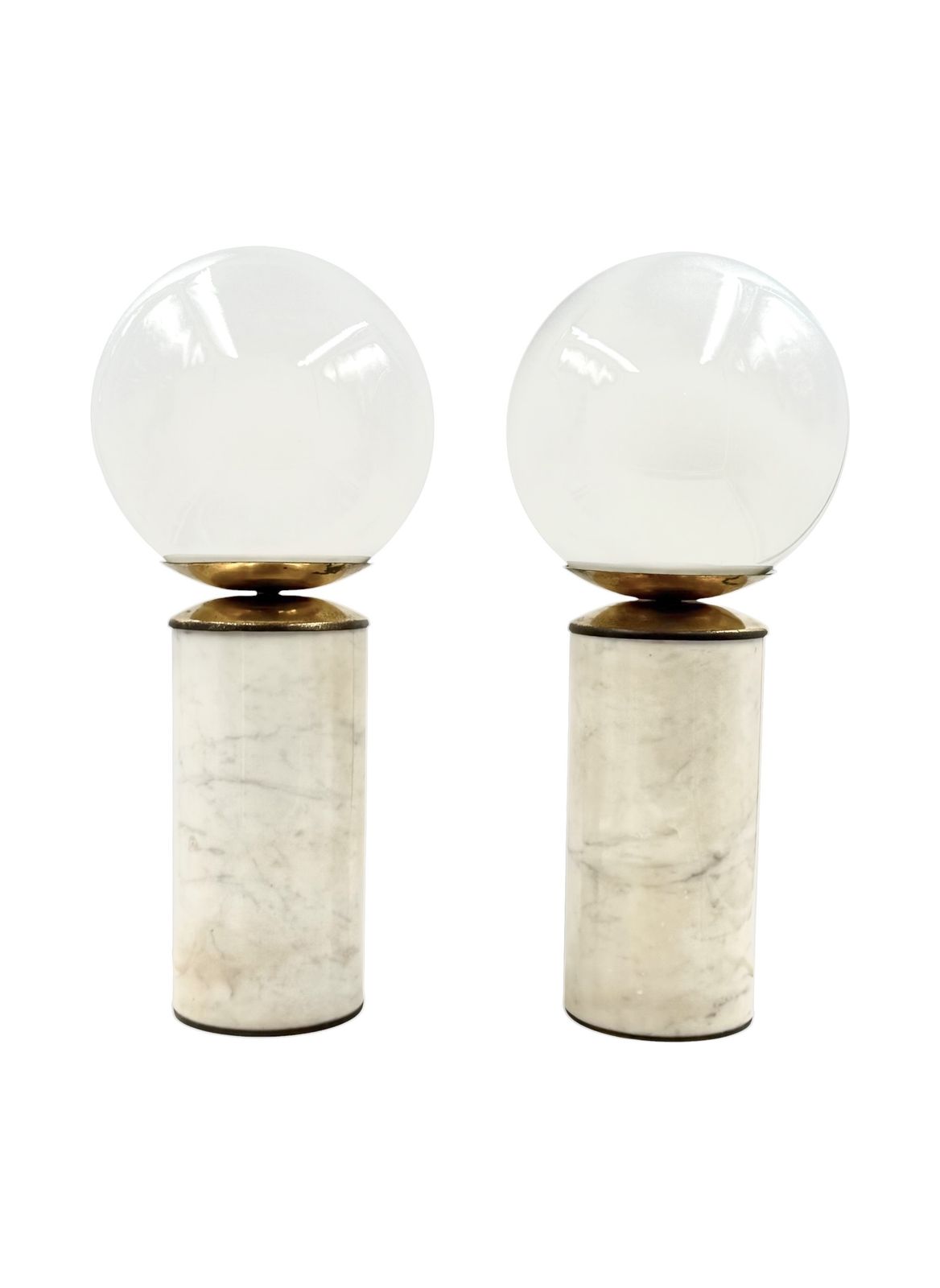Hollywood Regency Set Of 2 Carrara Marble & Brass Table Lamps, Lucirhytmo Italy 1970s photo vinterior