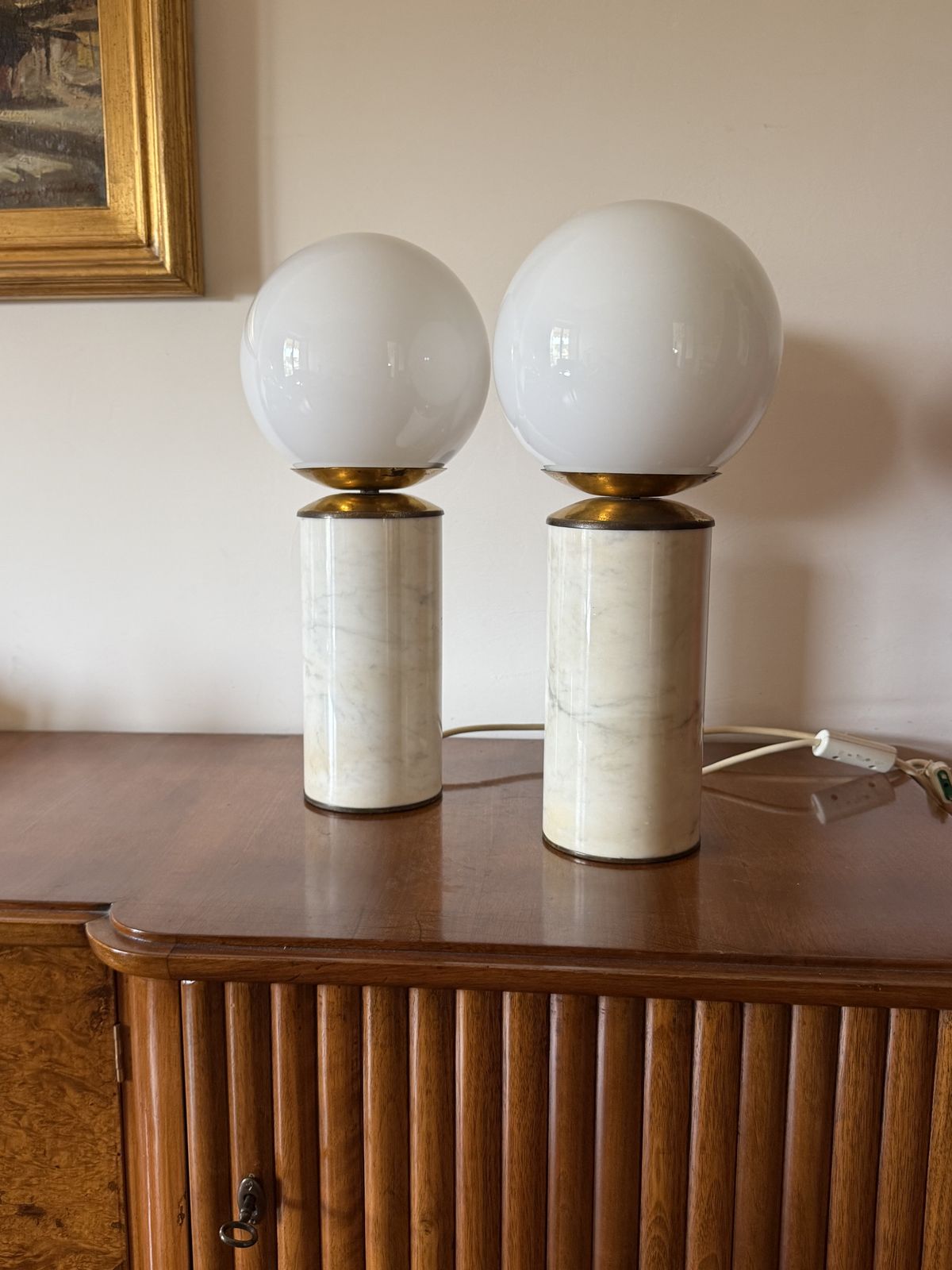 Hollywood Regency Set Of 2 Carrara Marble & Brass Table Lamps, Lucirhytmo Italy 1970s photo vintage