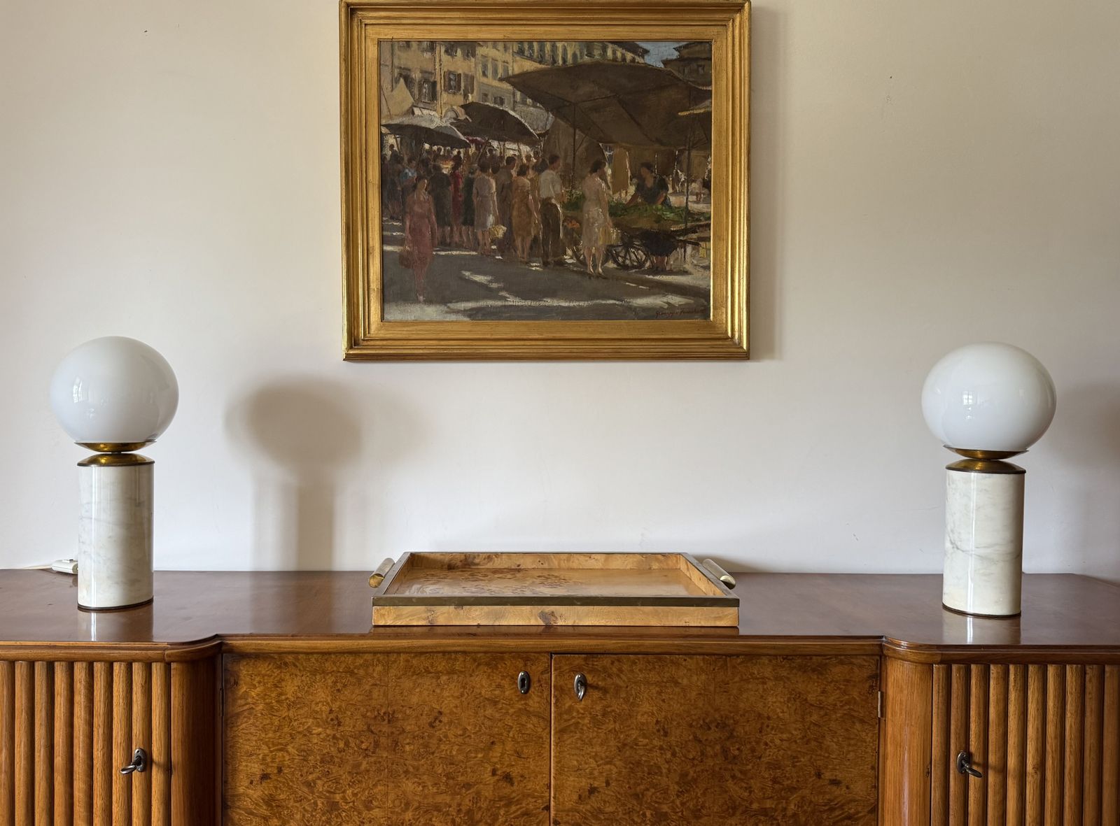 photo vinterior Hollywood Regency Set Of 2 Carrara Marble & Brass Table Lamps, Lucirhytmo Italy 1970s