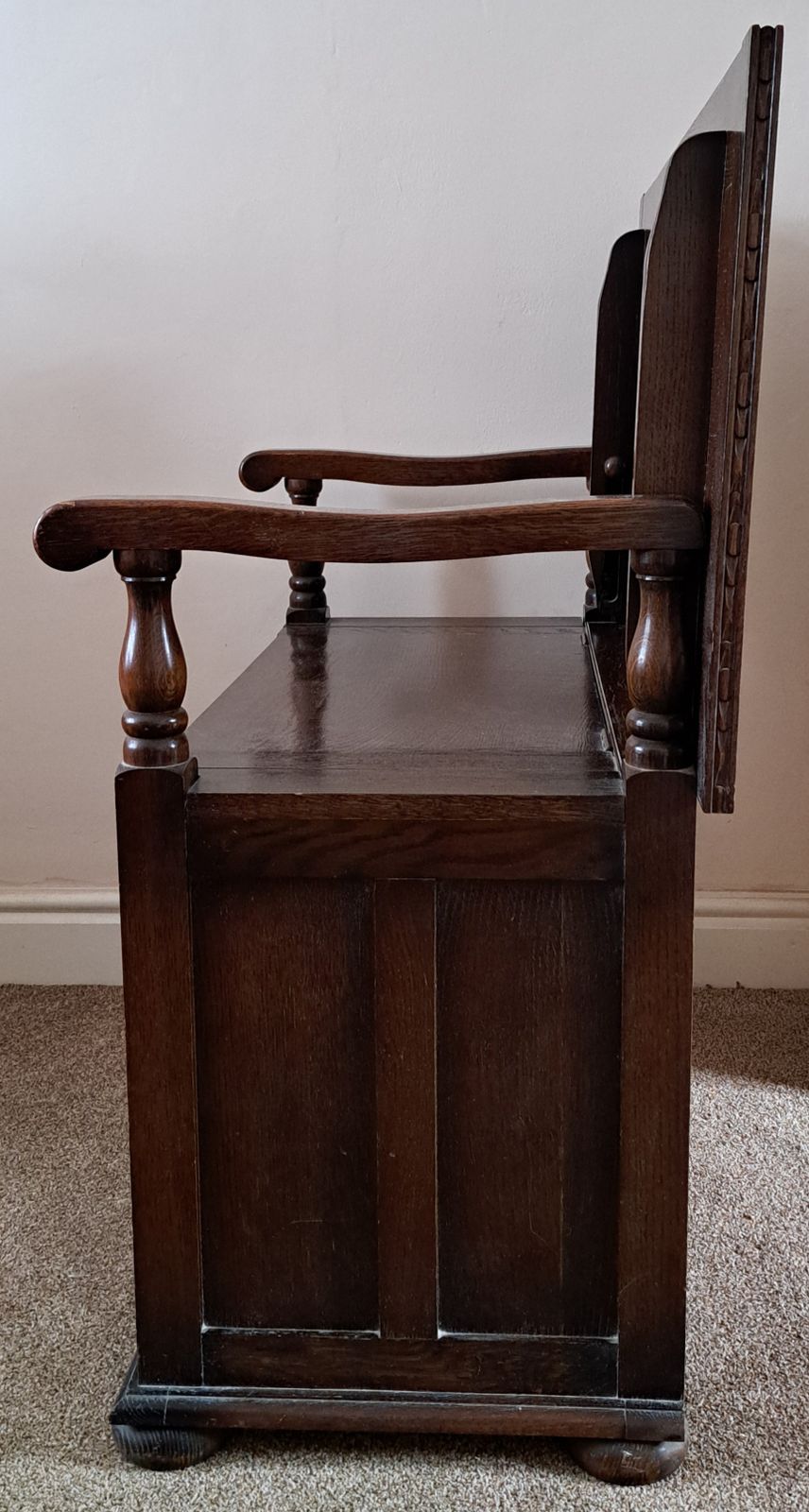 Beautiful Antique Oak Monk's Bench With Carved Panels photo Furniture