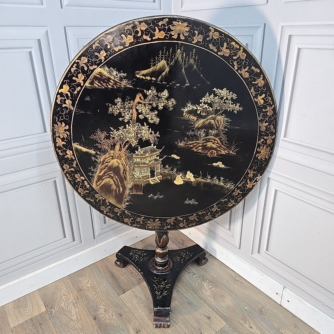 Antique Tilt Top Table Chinoiserie Lacquered Oriental Chinese Tripod Vintage