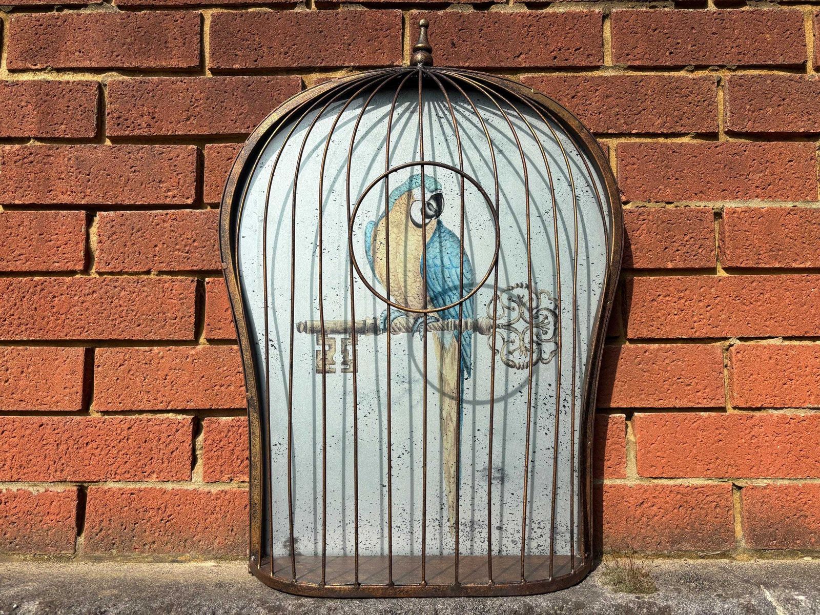 Vintage Verse Eglomise “Parrot In Cage” Wall Hanging Trompe L’oeil Half Bird Cage