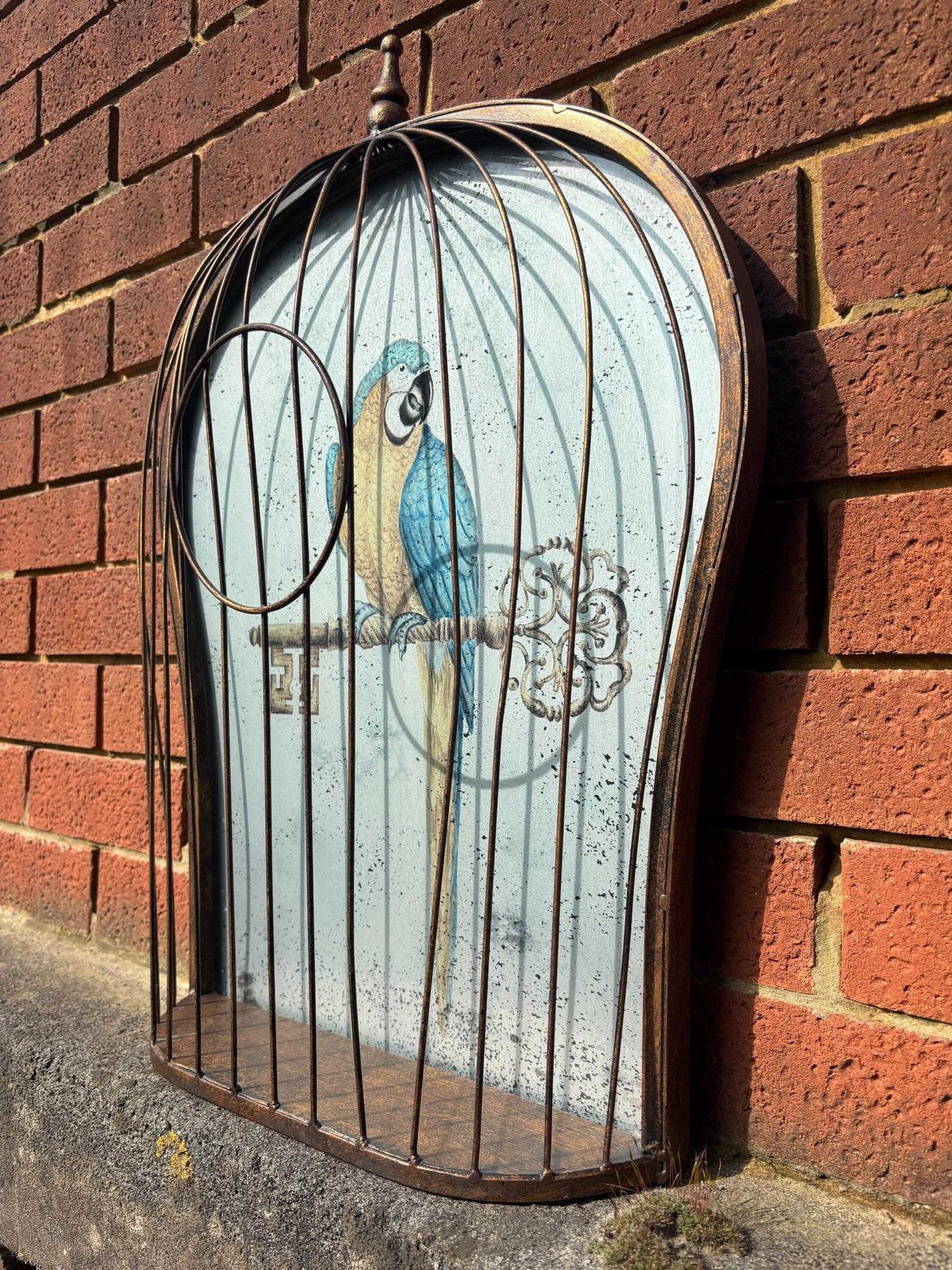 Vintage Verse Eglomise “Parrot In Cage” Wall Hanging Trompe L’oeil Half Bird Cage photo for sale