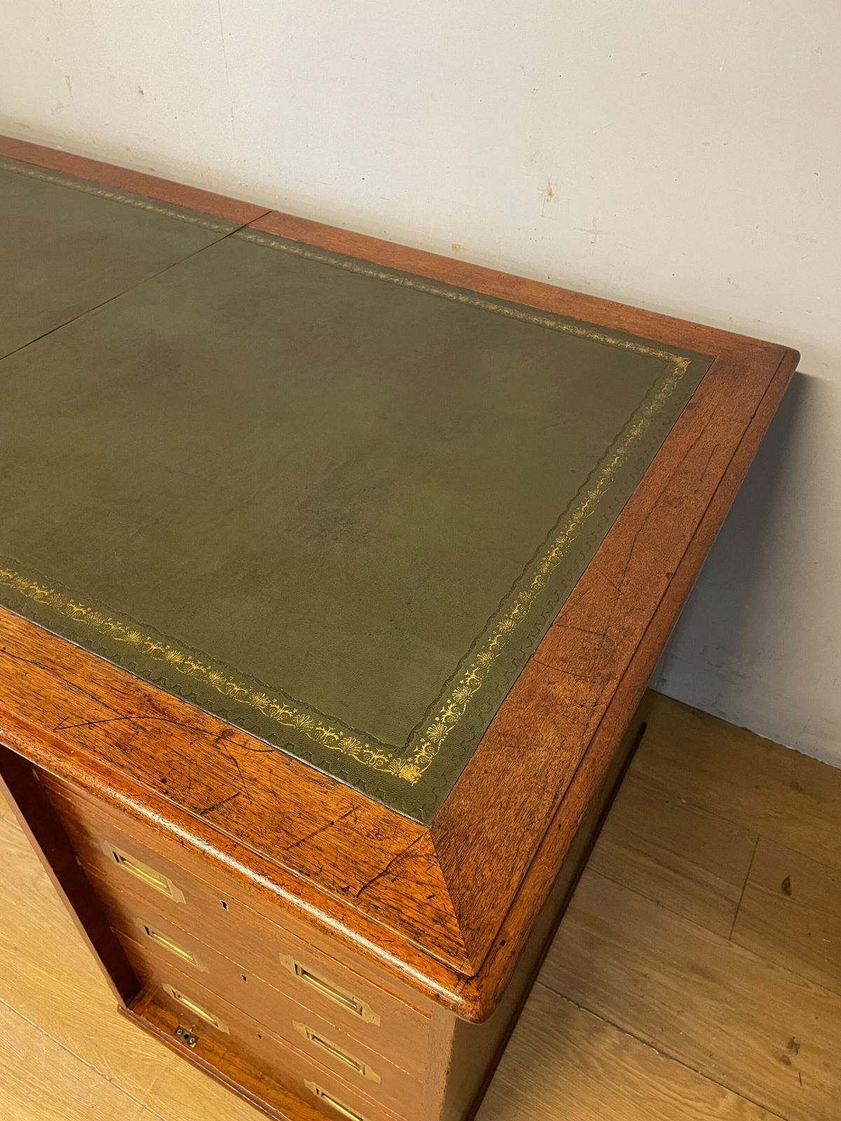 Rare C19th Teak Military Three Part Desk With Inset Leather Top photo vinterior