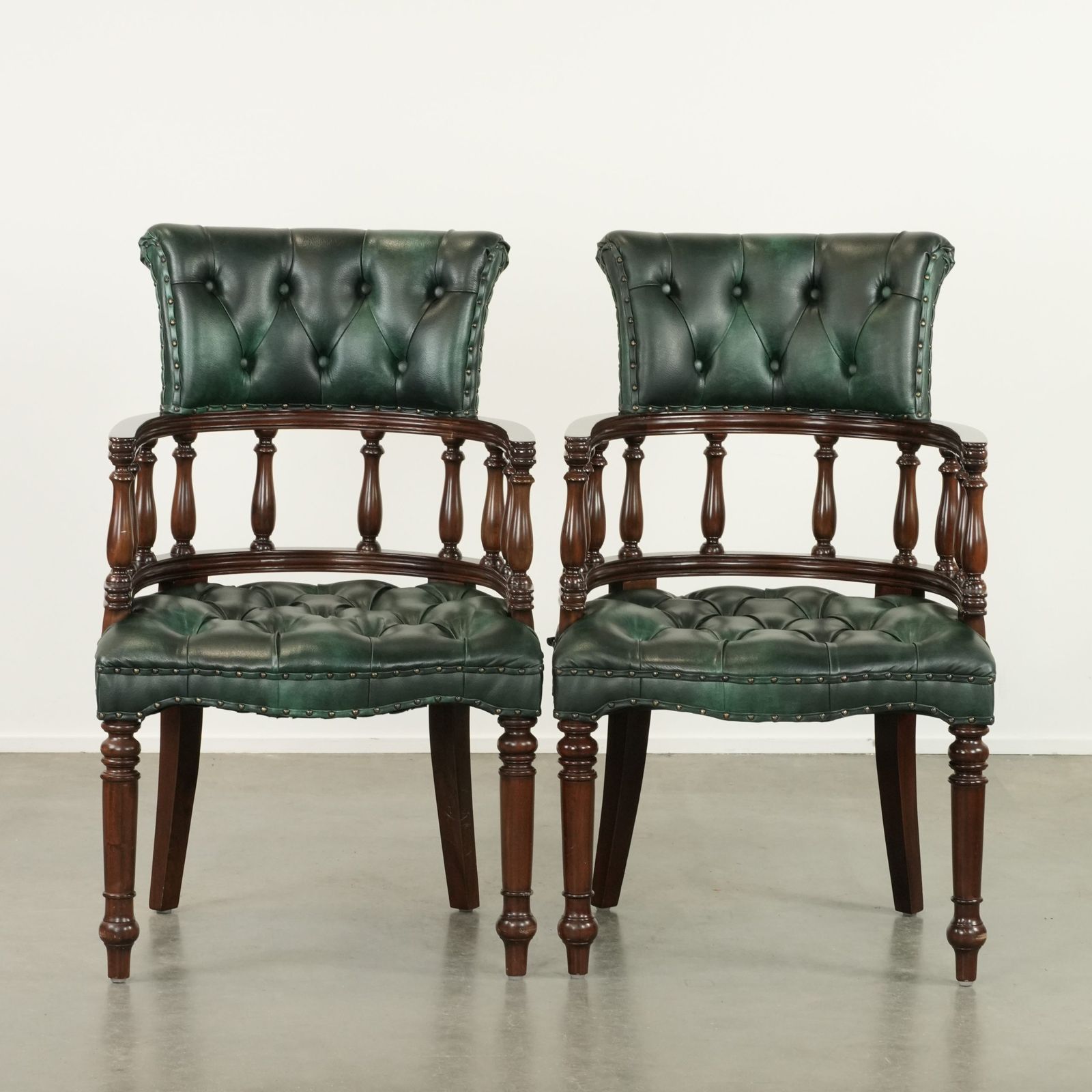 Set Of Two Green Flame Patterned Cowhide Chesterfield Desk Chairs/Side Chairs In English Style