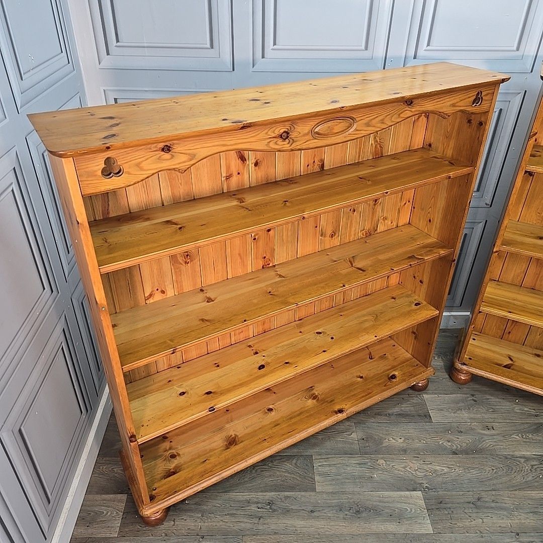 Pair Vintage Pine Bookcases Open Shelving Rustic Farmhouse Wooden Book Shelf photo furniture
