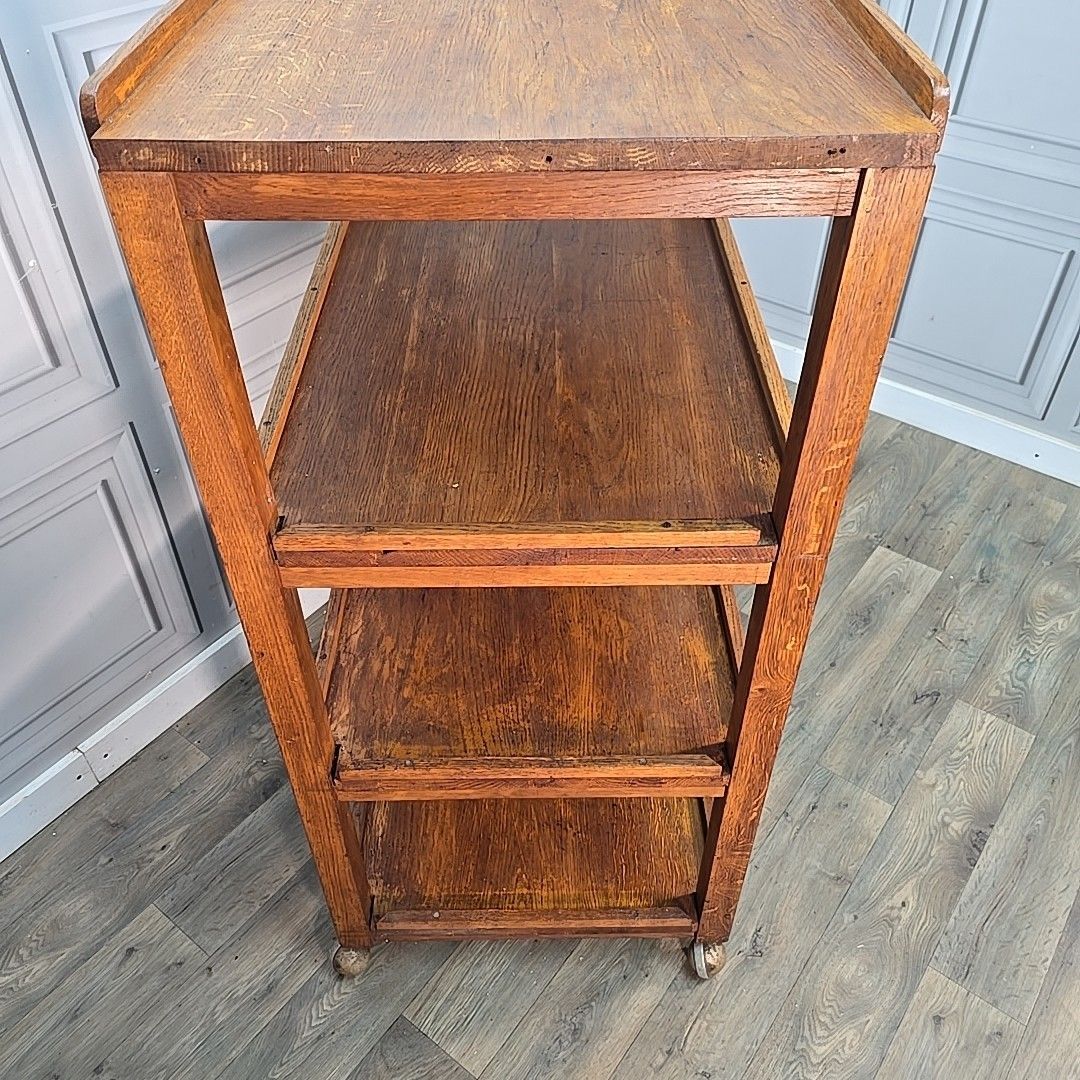 Vintage Oak Library Trolley Large Book Tea Cart Shelving Bookcase Solid Wood photo vintage