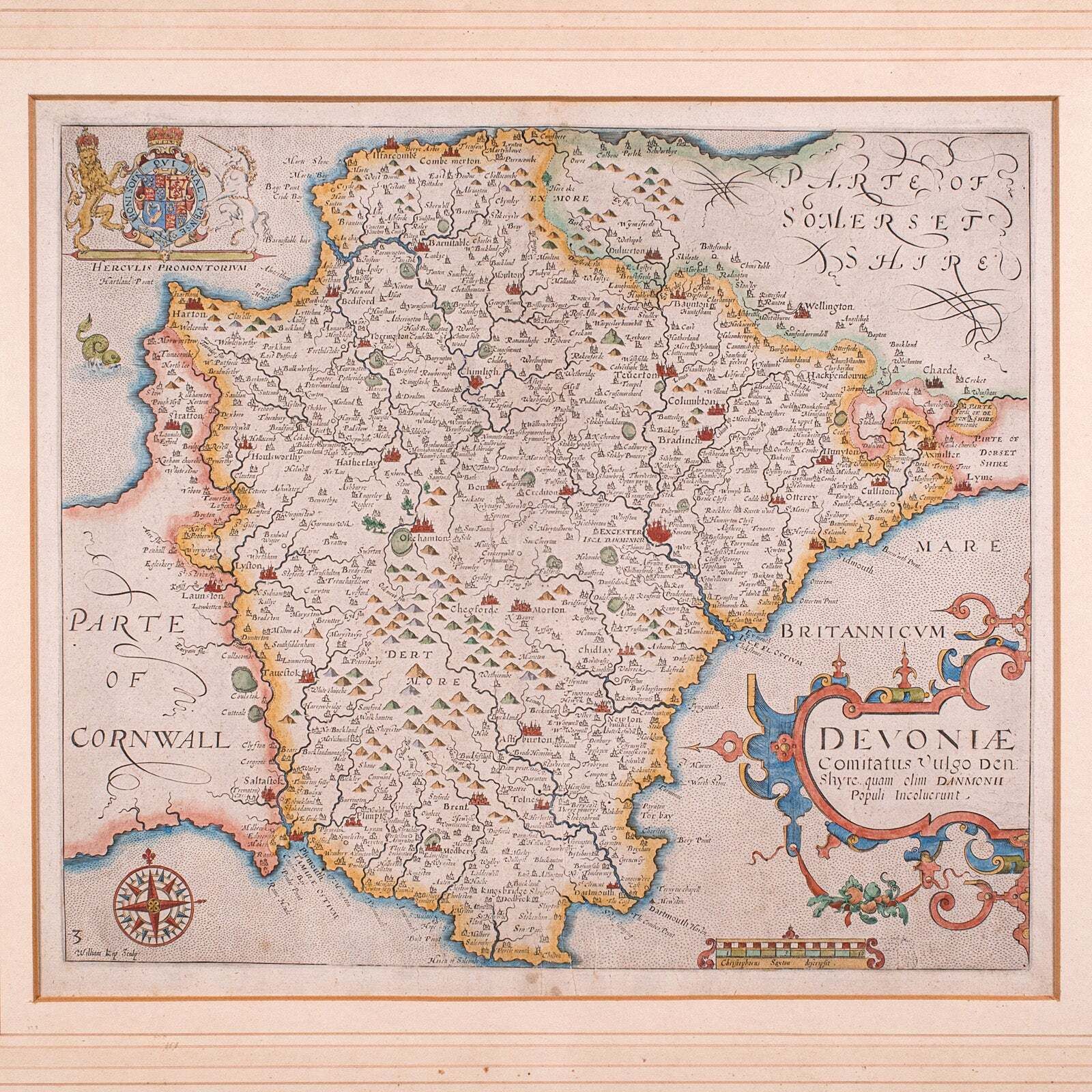 Antique Devon County Map, English, Framed 17th Century Atlas Cartography, C.1650 photo Art
