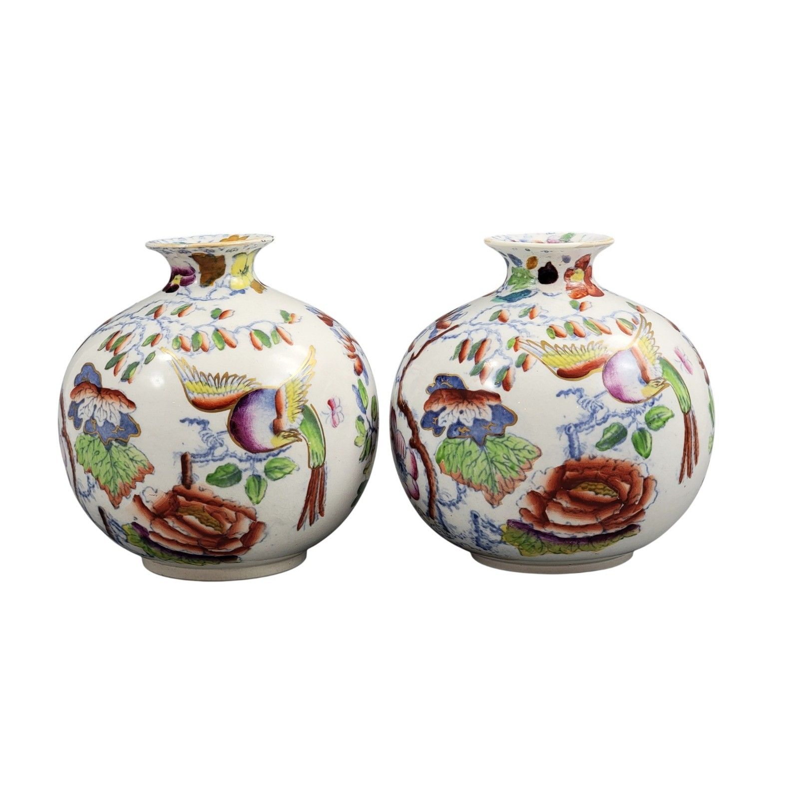 Edwardian Mason’s Very Rare Ironstone Posy Vases, Bird And Peony, C.1900 photo 700.0