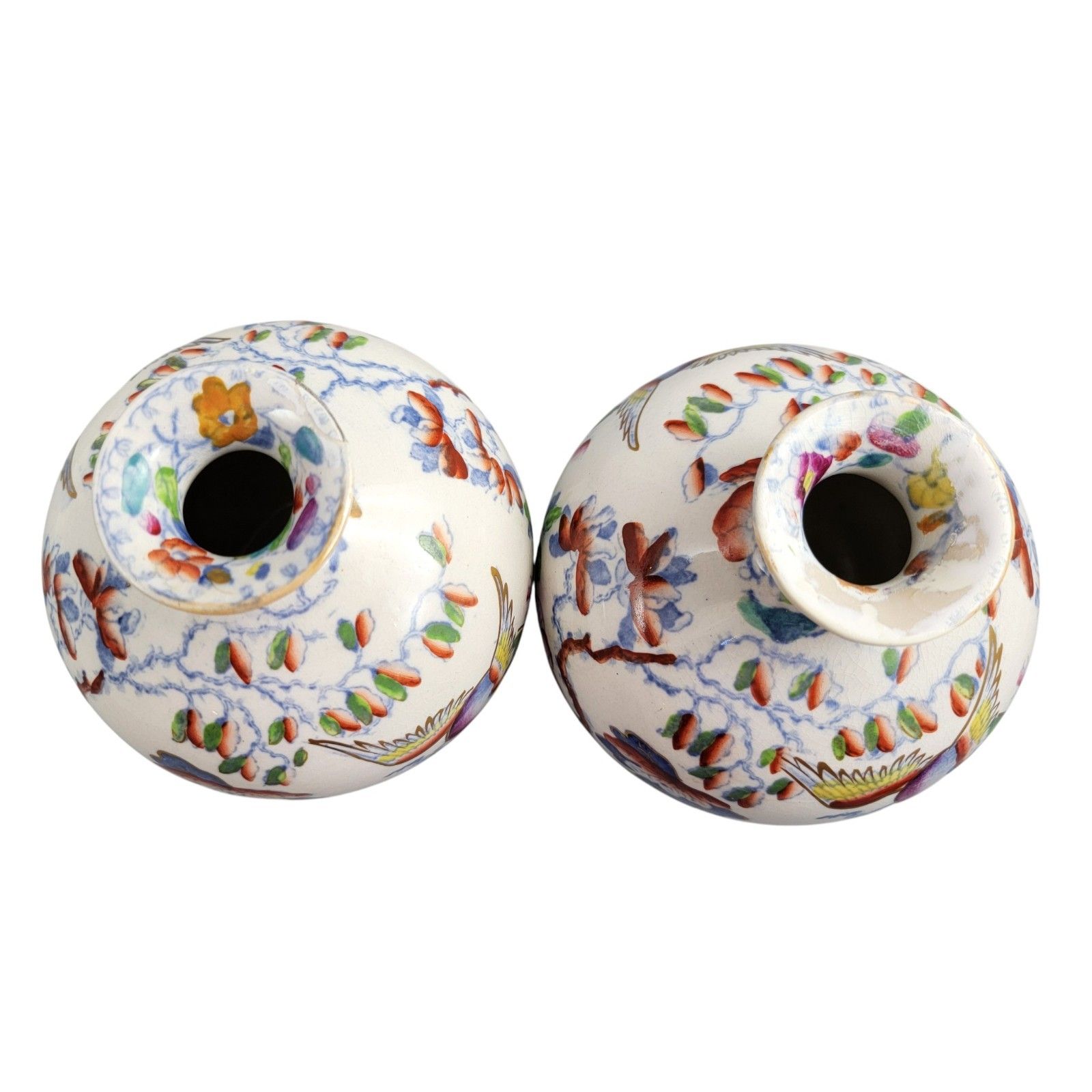 Edwardian Mason’s Very Rare Ironstone Posy Vases, Bird And Peony, C.1900 photo vinterior