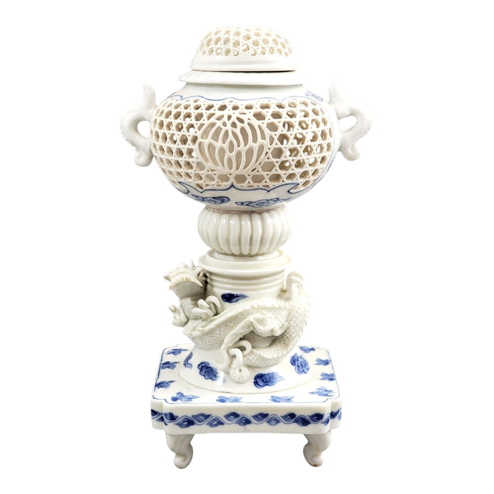 Hirado Porcelain Dragon Reticulated Koro Incense Burner, Meiji Period, C.1880 photo furniture