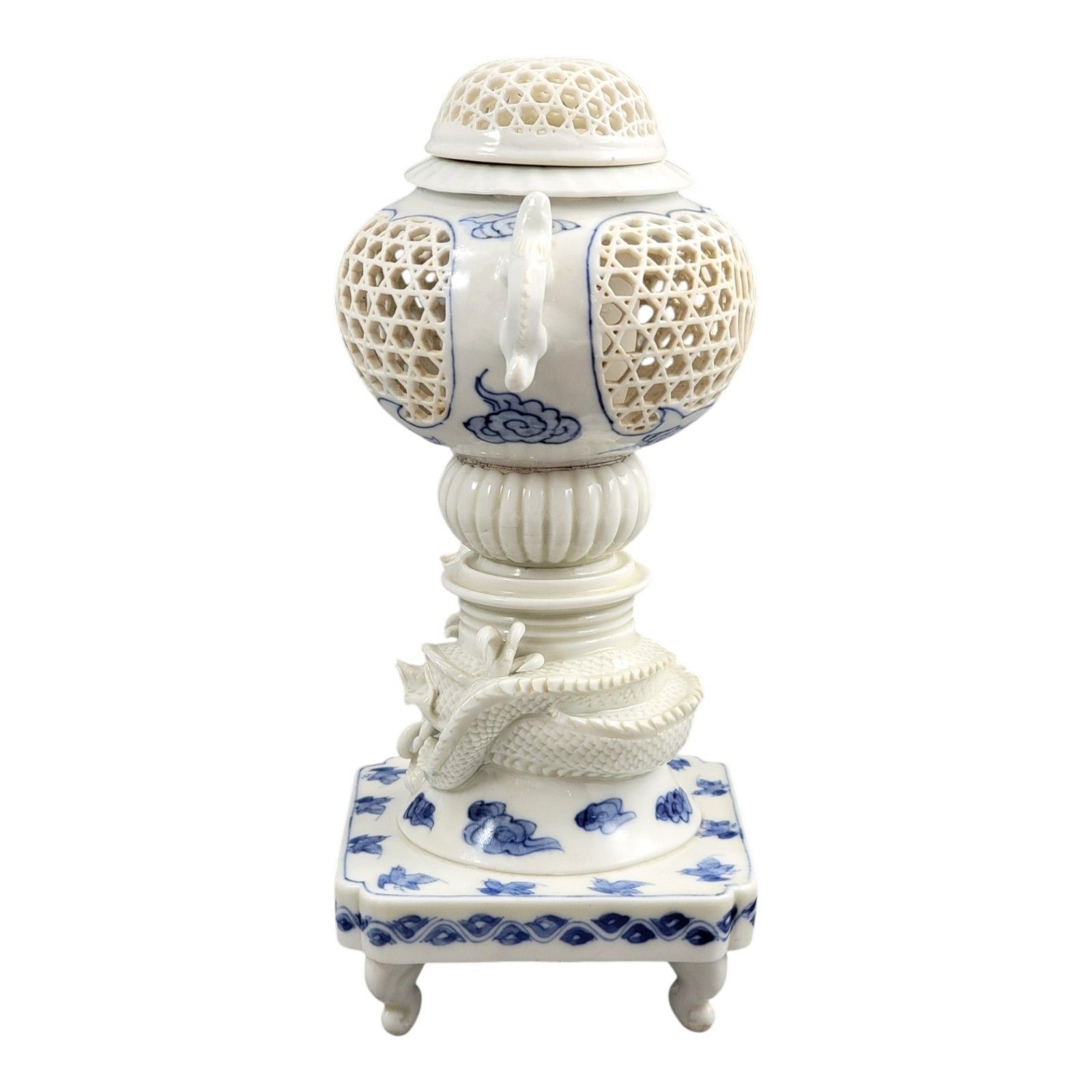Hirado Porcelain Dragon Reticulated Koro Incense Burner, Meiji Period, C.1880 photo Home Decor