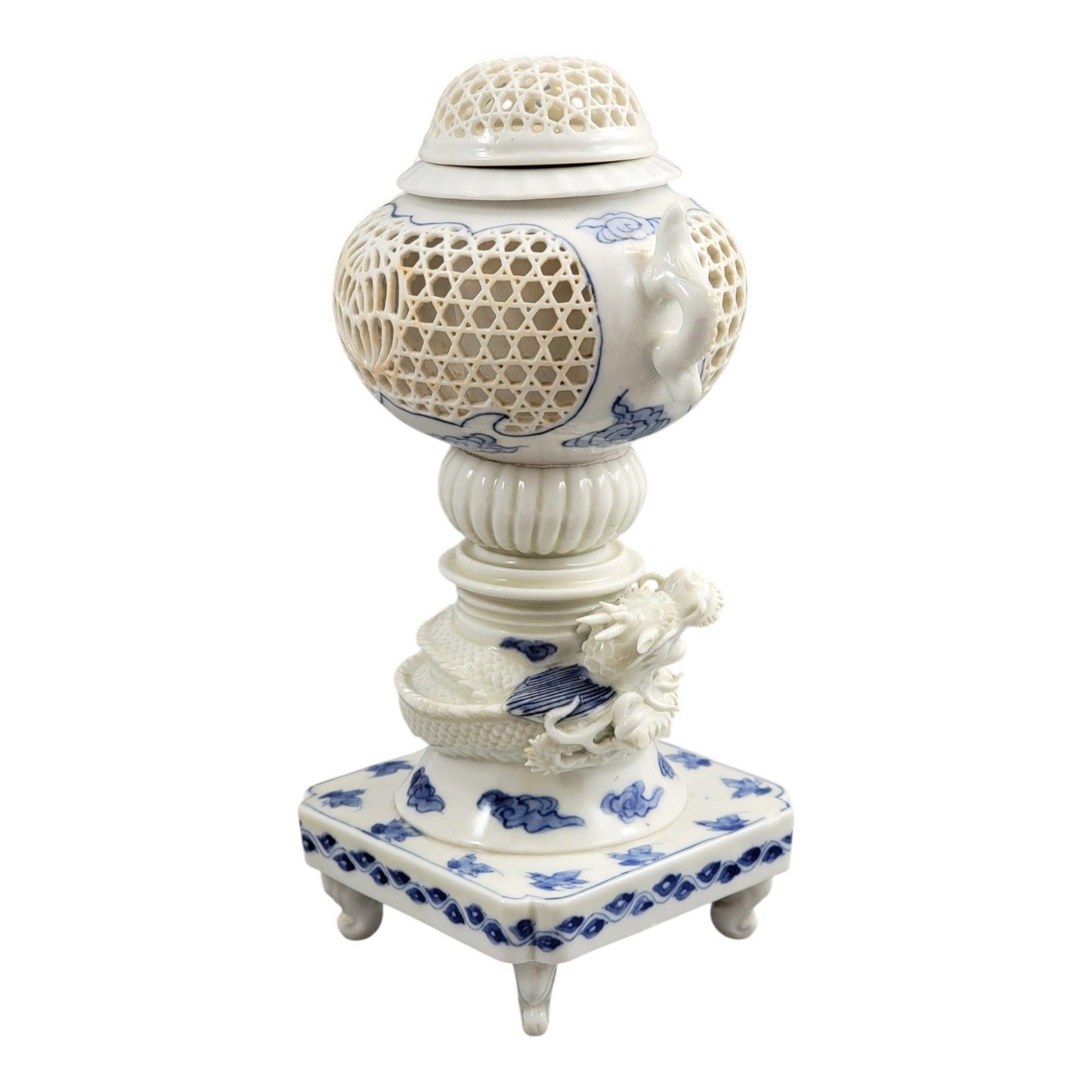 Hirado Porcelain Dragon Reticulated Koro Incense Burner, Meiji Period, C.1880 photo buy