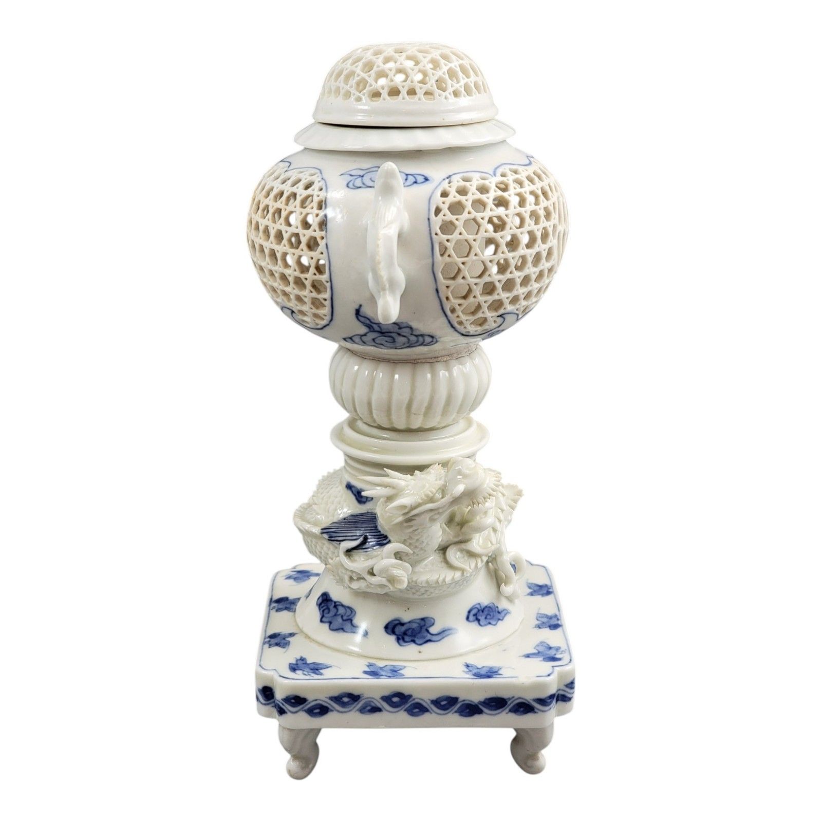 Hirado Porcelain Dragon Reticulated Koro Incense Burner, Meiji Period, C.1880 photo vintage