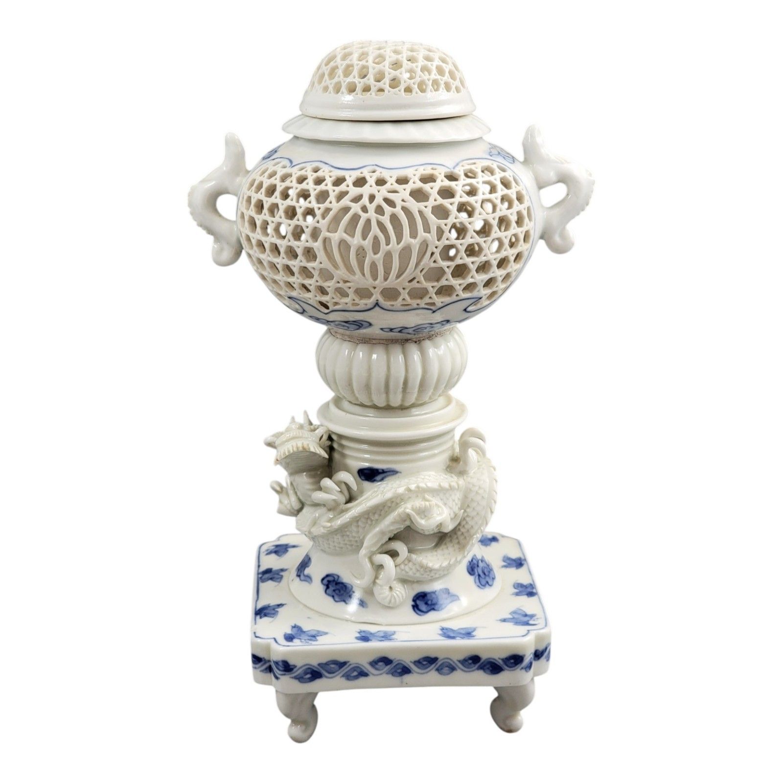 photo furniture Hirado Porcelain Dragon Reticulated Koro Incense Burner, Meiji Period, C.1880