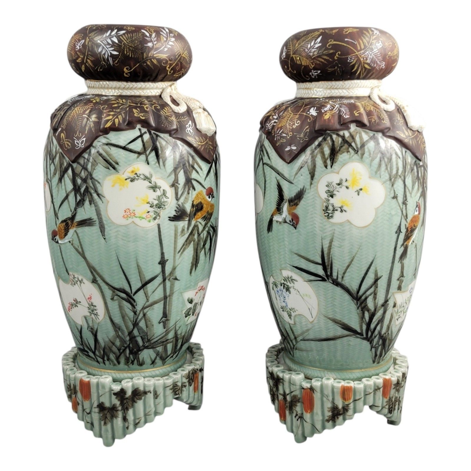 Kato Sanhei Seto Porcelain Vases Meiji Period On Stands Museum Quality Pair photo furniture