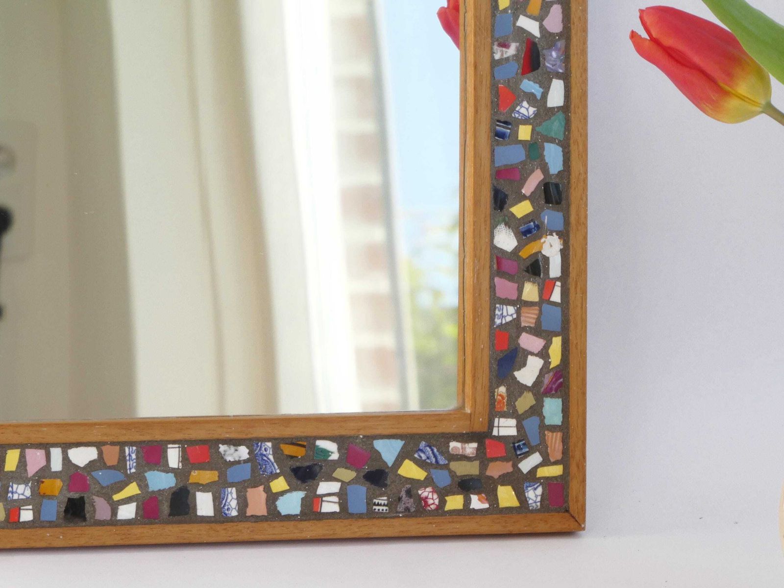 Mid Century Dutch Tile Mirror, Small Mosaic Wooden Frame Wall Mirror, Colourful Decor photo Home Decor