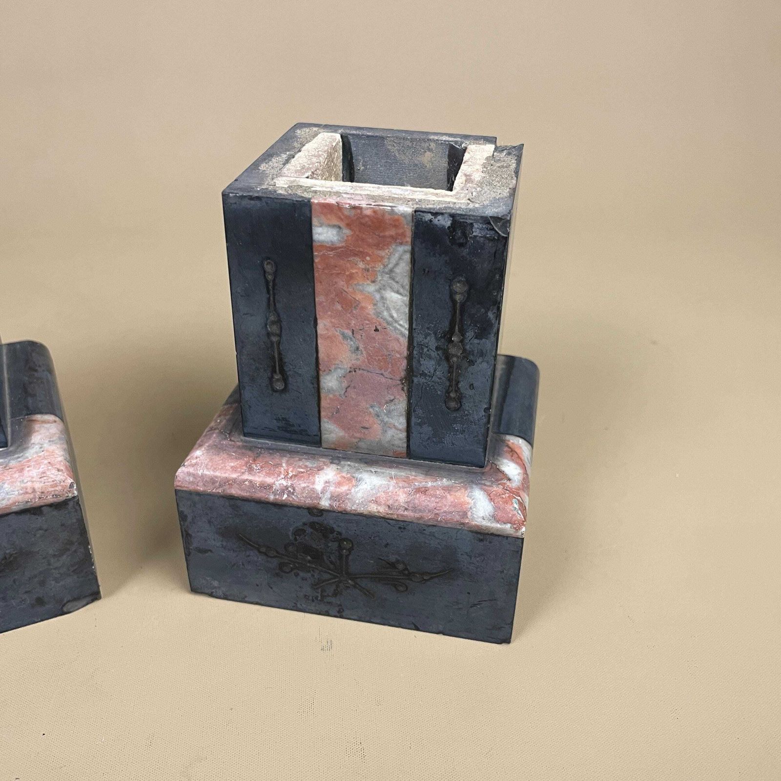 Pair Stone Marble Book Ends Decorative Shelf Ornaments Bookends Black Pink Square Heavy Library Display Pieces photo for sale