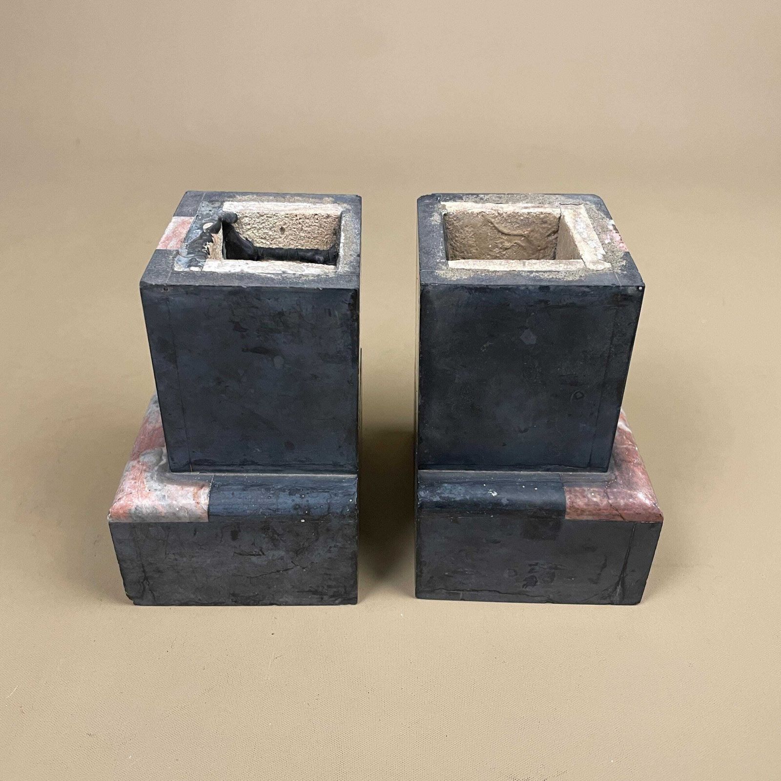 Pair Stone Marble Book Ends Decorative Shelf Ornaments Bookends Black Pink Square Heavy Library Display Pieces photo vintage