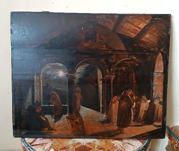 Antique Painting, Large Oil Sketch On Panel, Convent Of The Friars, 19th Century photo for sale