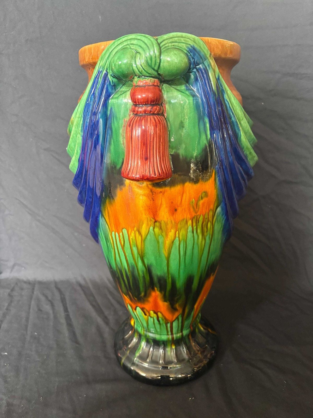Large Vintage Majolica "Swag & Tassel" Vase Sancai Style Pottery Vase 18" photo vinterior