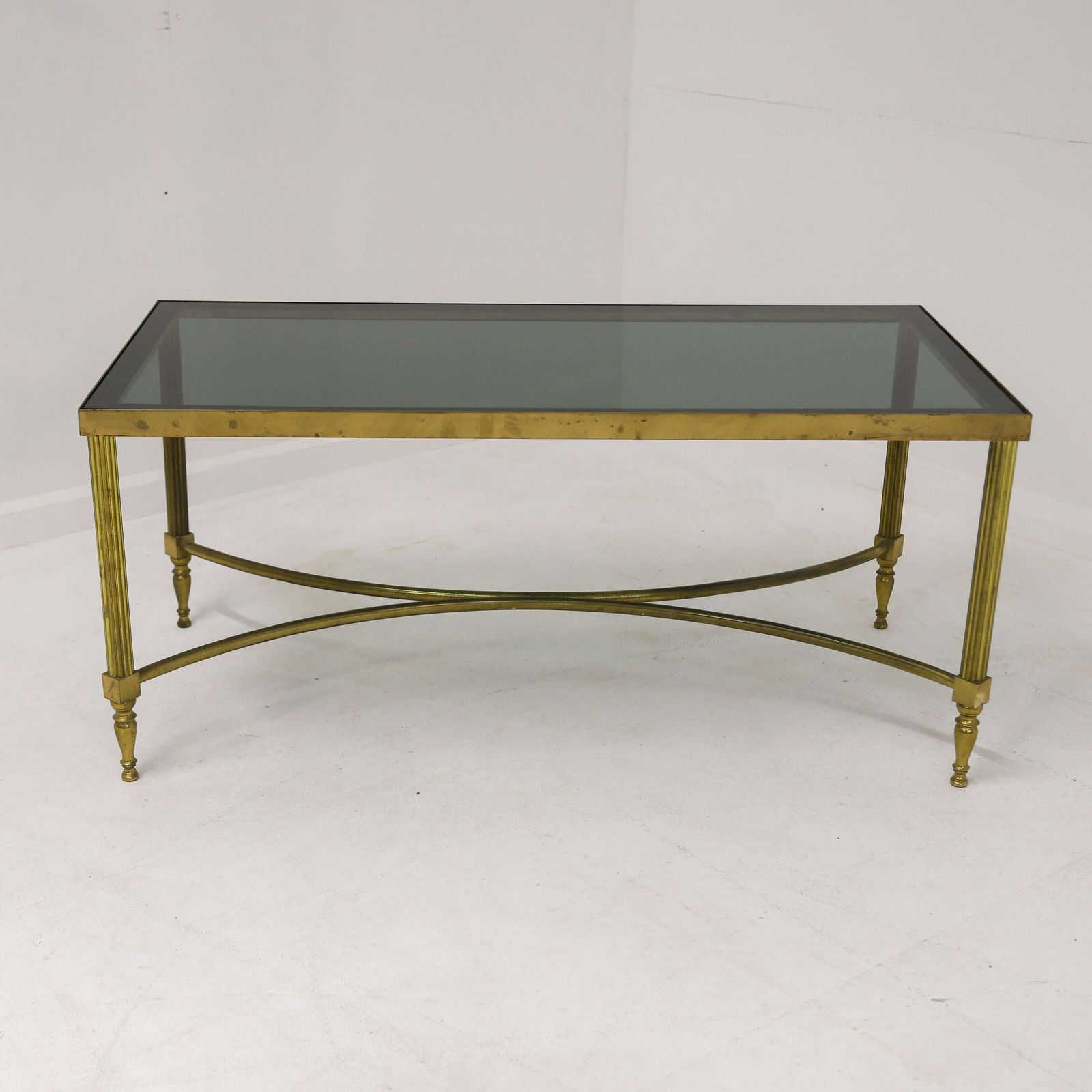 photo for sale Mid 20th Century Hollywood Regency Brass And Smoked Glass Coffee Table