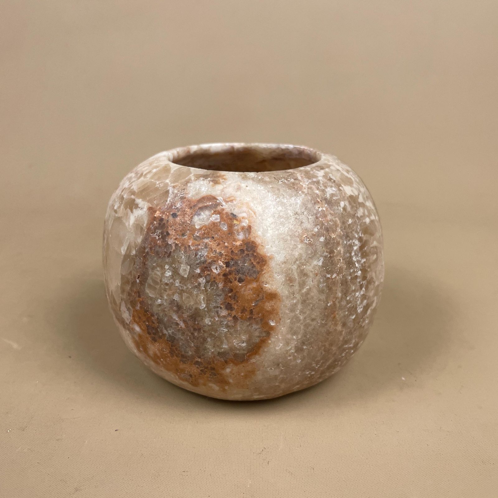 Stone Candle Holder Natural Beige Round Tea Light Holder Ball Table Mantle Display Cream Decorative Polished Rock photo for sale