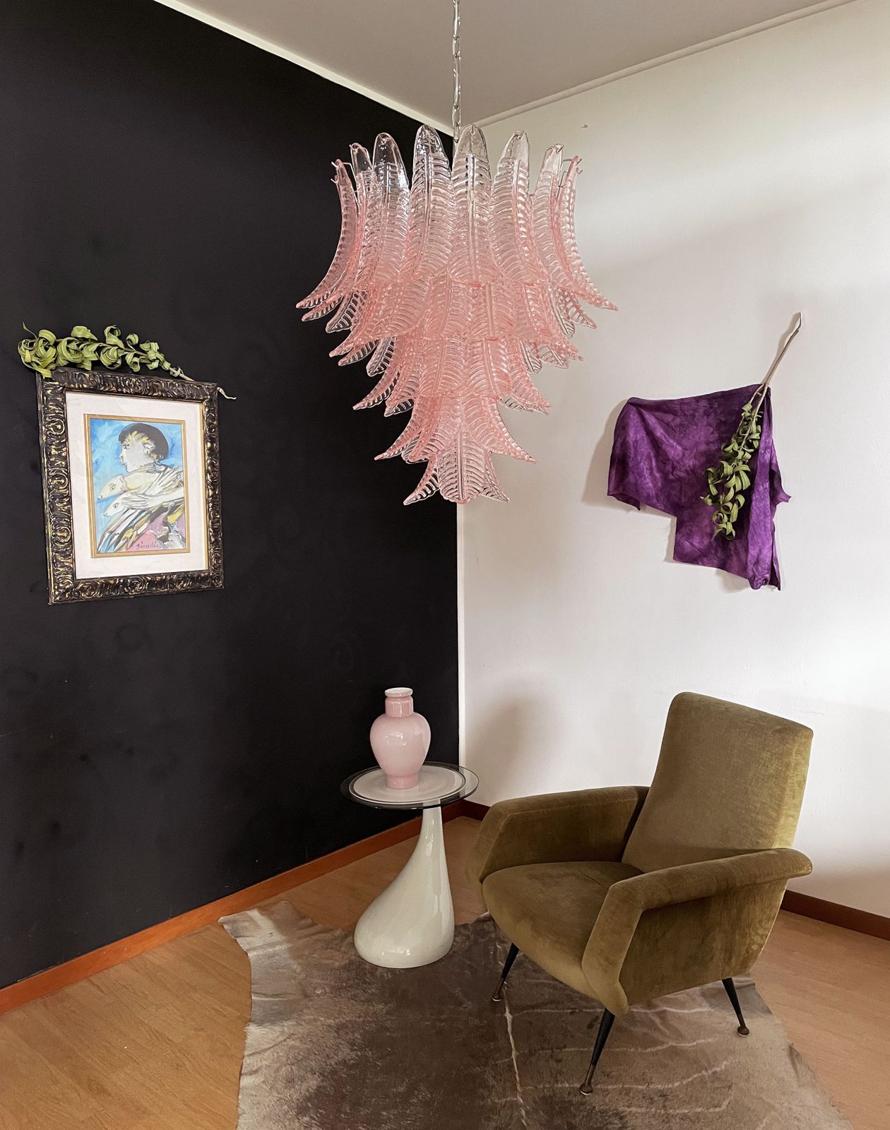 Huge Italian Murano Six Tier Pink Felci Glass Chandelier photo vintage