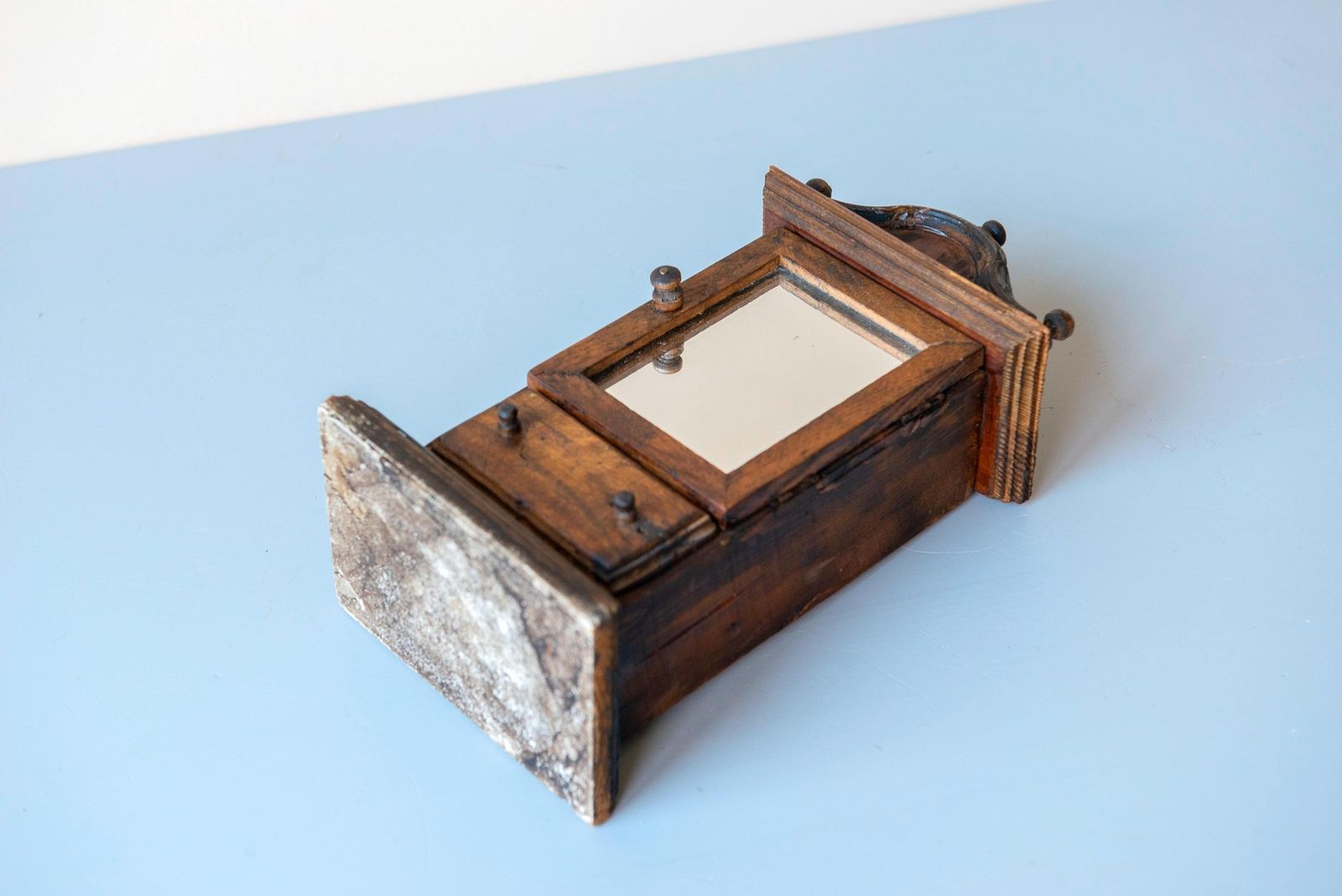 photo vinterior Antique Miniature Mirror Cabinet – Folk Art Wooden Wall Cupboard With Drawer, 19th Century