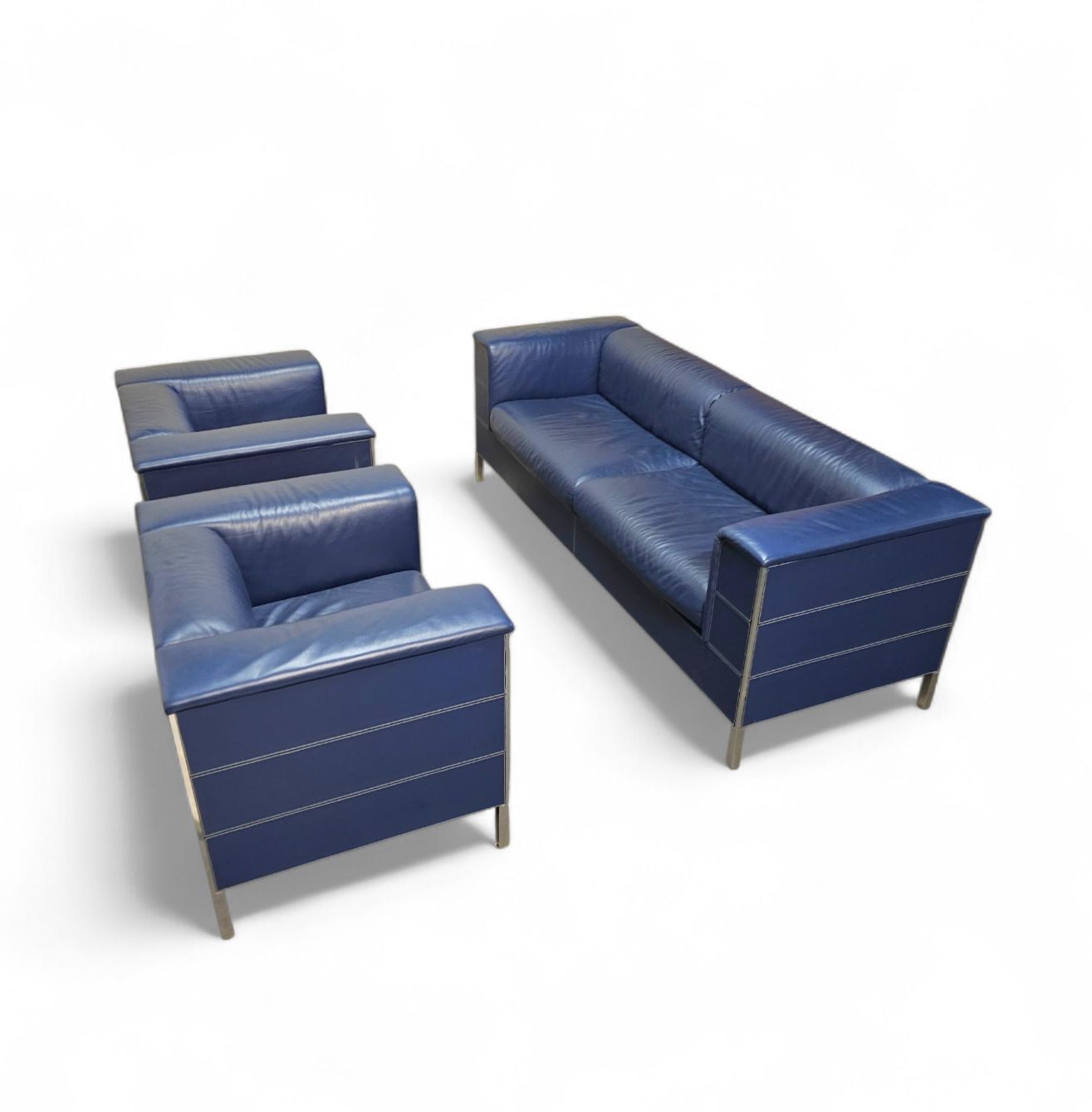 photo for sale Poltrona Frau Set / Dark Blue Leather / Talus / Sofa   Chairs   / 3 Seater / 2 X Lounge Chair