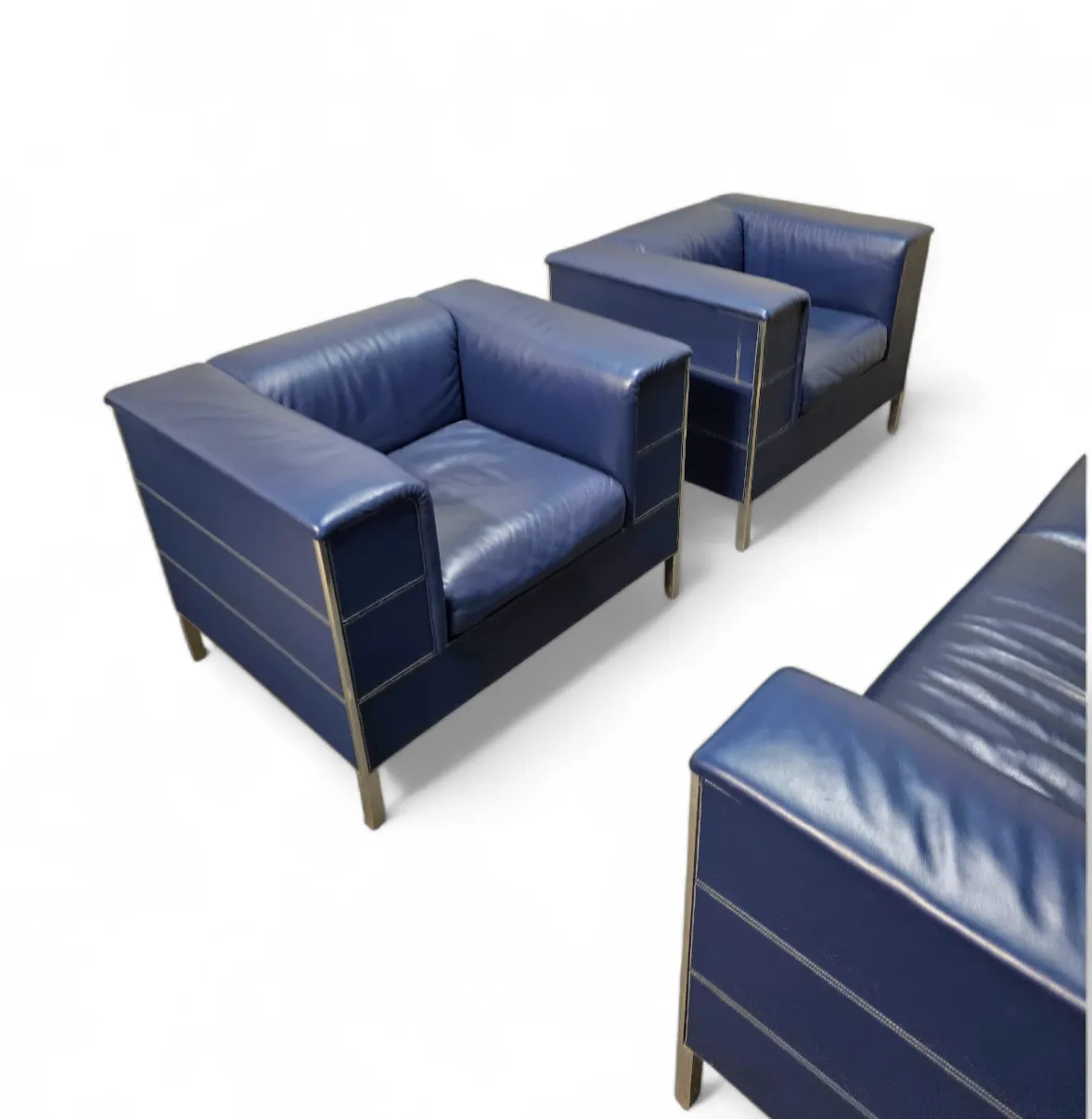 photo buy Poltrona Frau Set / Dark Blue Leather / Talus / Sofa   Chairs   / 3 Seater / 2 X Lounge Chair
