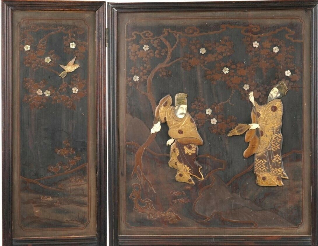 Superb Japanese Hardwood And Lacquered Three Fold Screen With Bone Inlay photo furniture