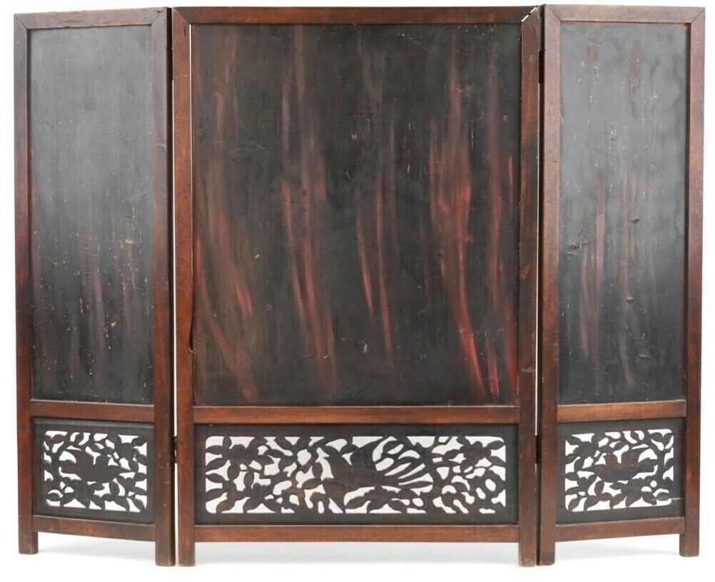 Superb Japanese Hardwood And Lacquered Three Fold Screen With Bone Inlay photo for sale