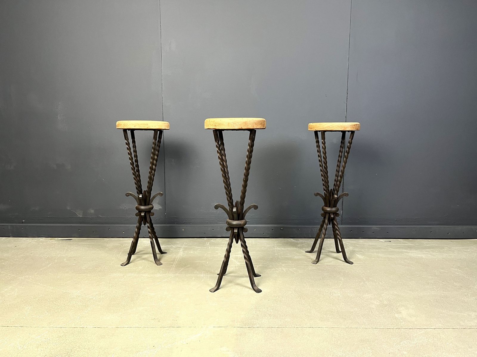 Vintage French Wrought Iron Bar Stools, 1960s   Set Of 3