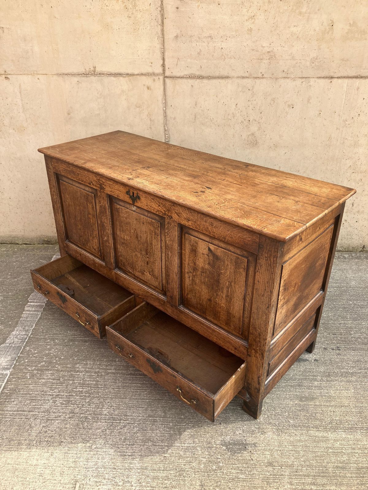 Very Large English Antique Solid Oak Mule Chest Coffer With Drawers From 1790 photo for sale