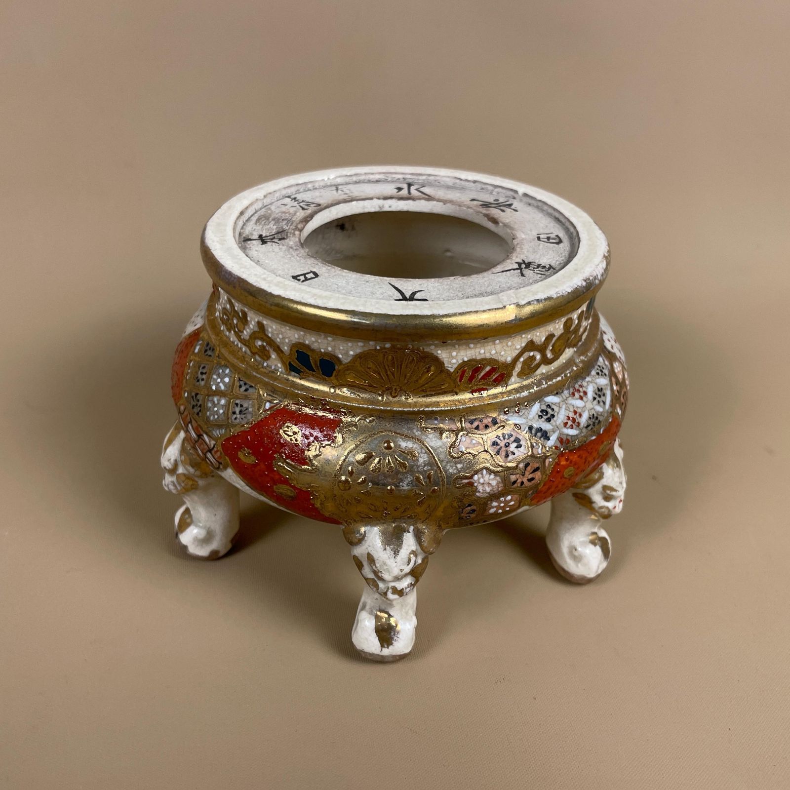 Japanese Satsuma Style Incense Burner Earthenware Koro Gilt Enamel Crackle Glazed Meiji–Taisho Antique Plant Stand photo vinterior