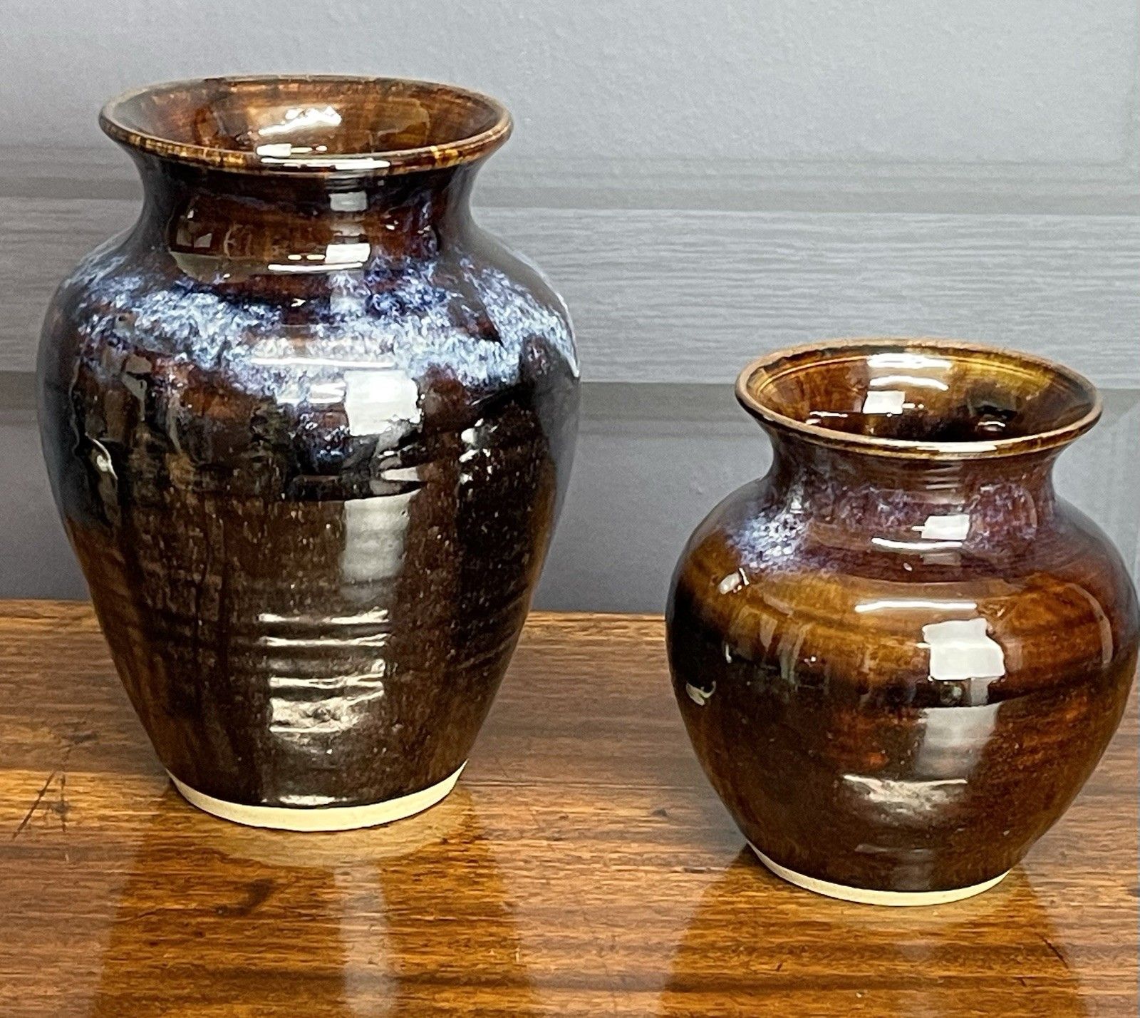 Vtg Studio Pottery Glazed Vases Large & Medium Blue Brown Loch Ness Clay Works photo for sale