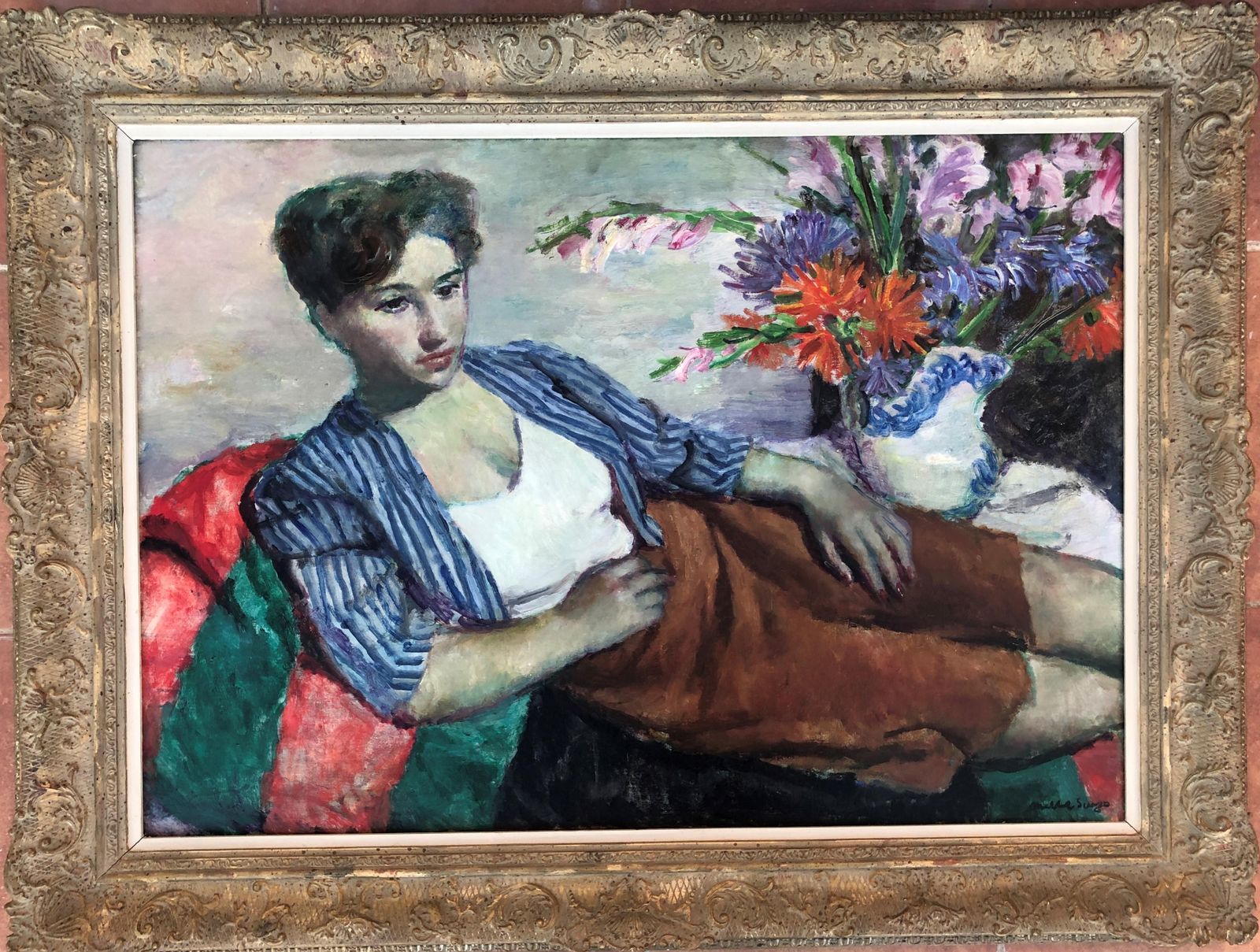 Josep Maria Mallol Suazo Mid Century Reclining Woman With Flowers, Spanish Figurative Oil Painting, Catalan School Interior Scene, 1955 photo furniture