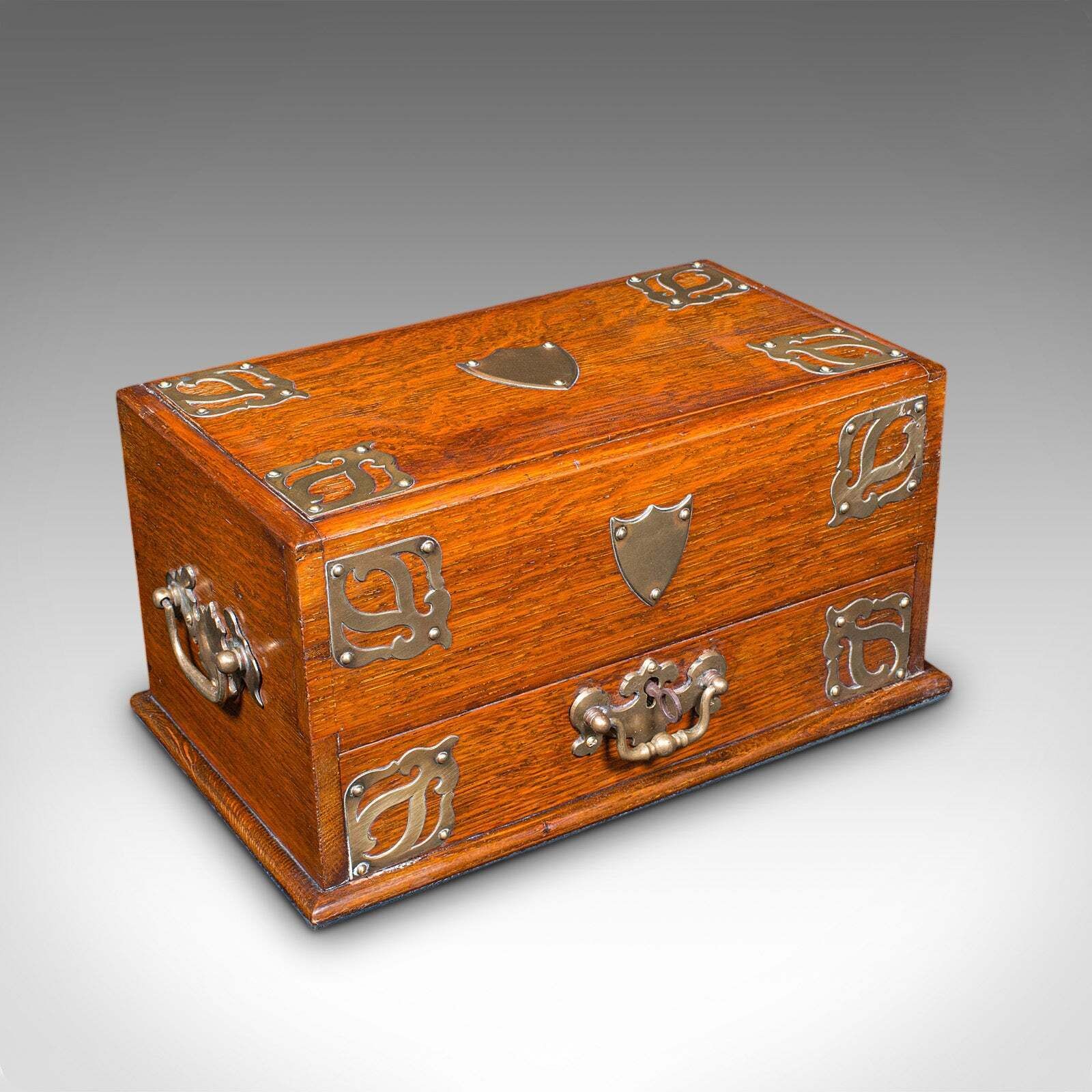 Antique Smoker's Box, English, Oak, Brass, Cigar Case, Club Lounge, Edwardian photo furniture