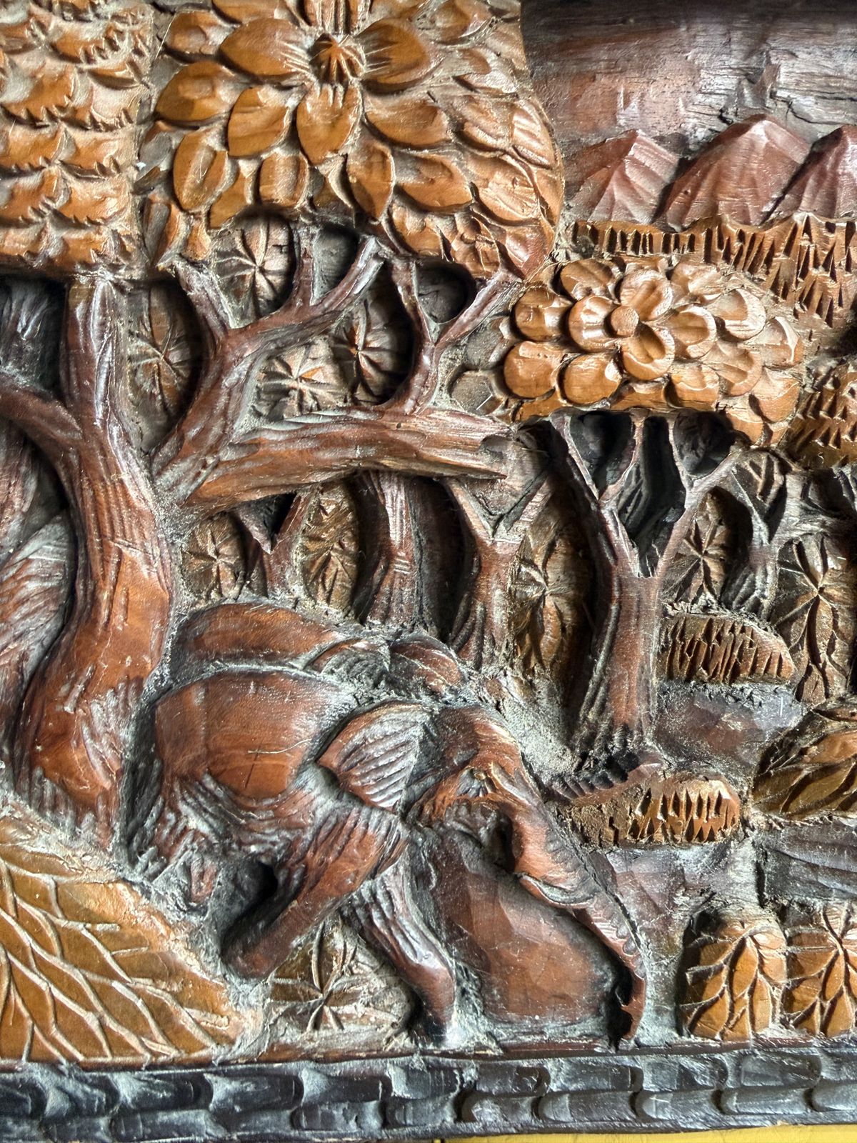 Vintage Hand Carved Wooden Elephant Jungle Scene Wall Panel – Hand Chiseled Wildlife Relief Art photo for sale