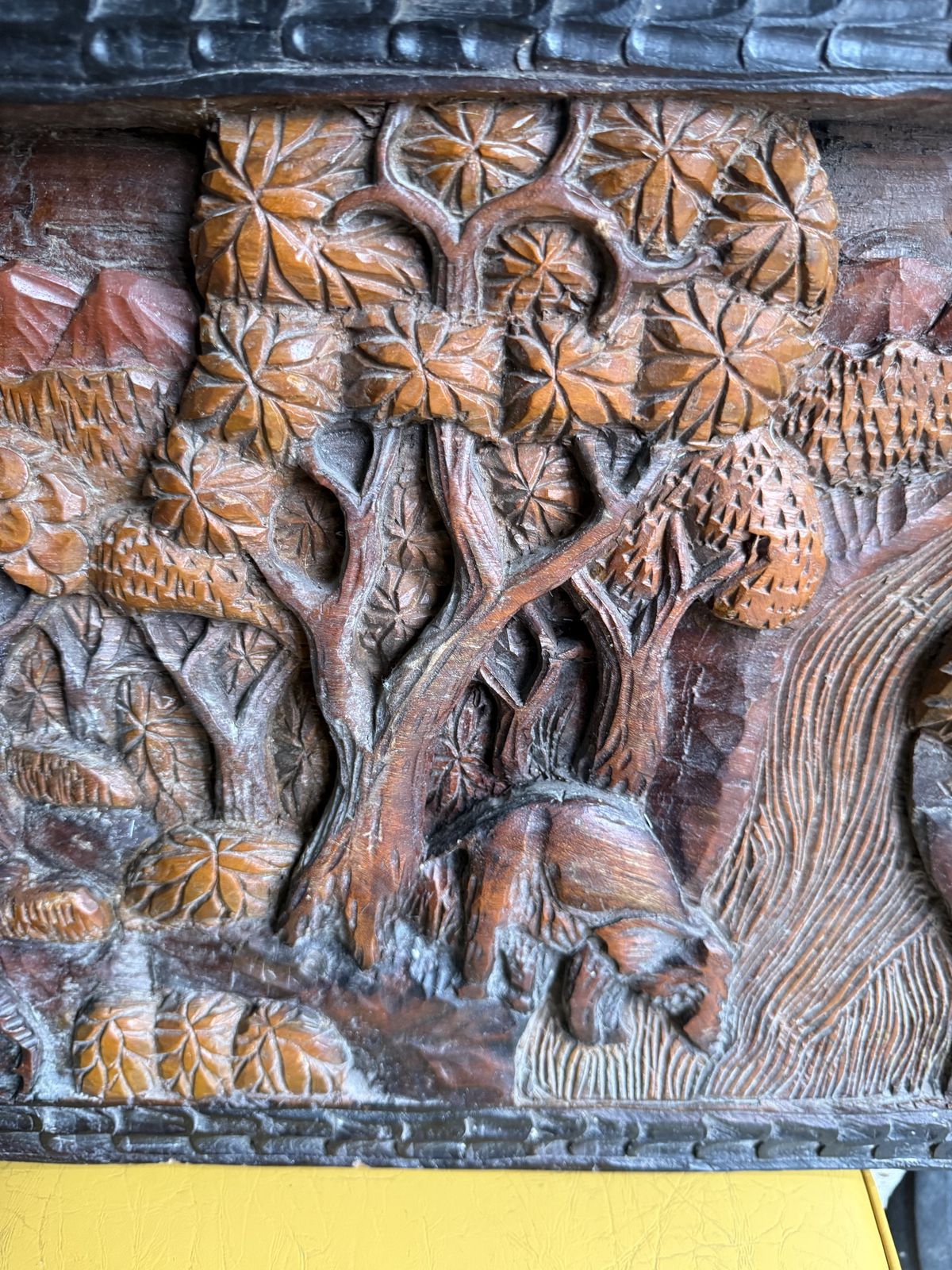 Vintage Hand Carved Wooden Elephant Jungle Scene Wall Panel – Hand Chiseled Wildlife Relief Art photo 285.0