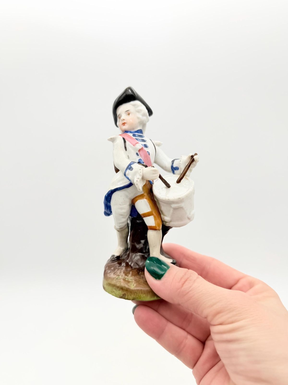 85.0 Antique Dresden Drummer Figurine, Hand Painted German Musician Figurine, Collectible European Figurine photo