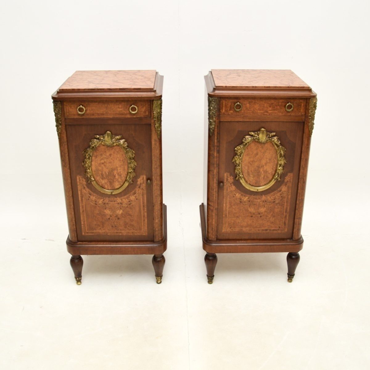 Pair Of Antique French Inlaid Walnut Marble Top Bedside Cabinets photo furniture