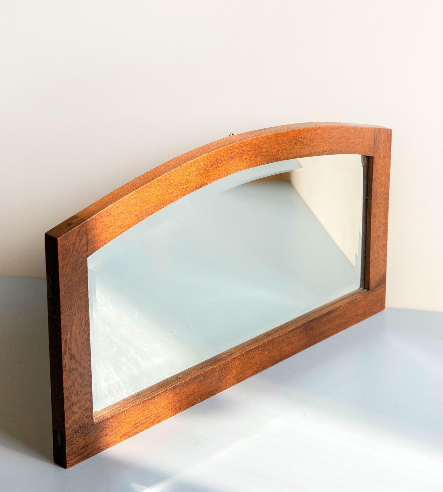 Art Deco Oak Wall Mirror With Beveled Glass – Antique Curved Mirror photo vinterior