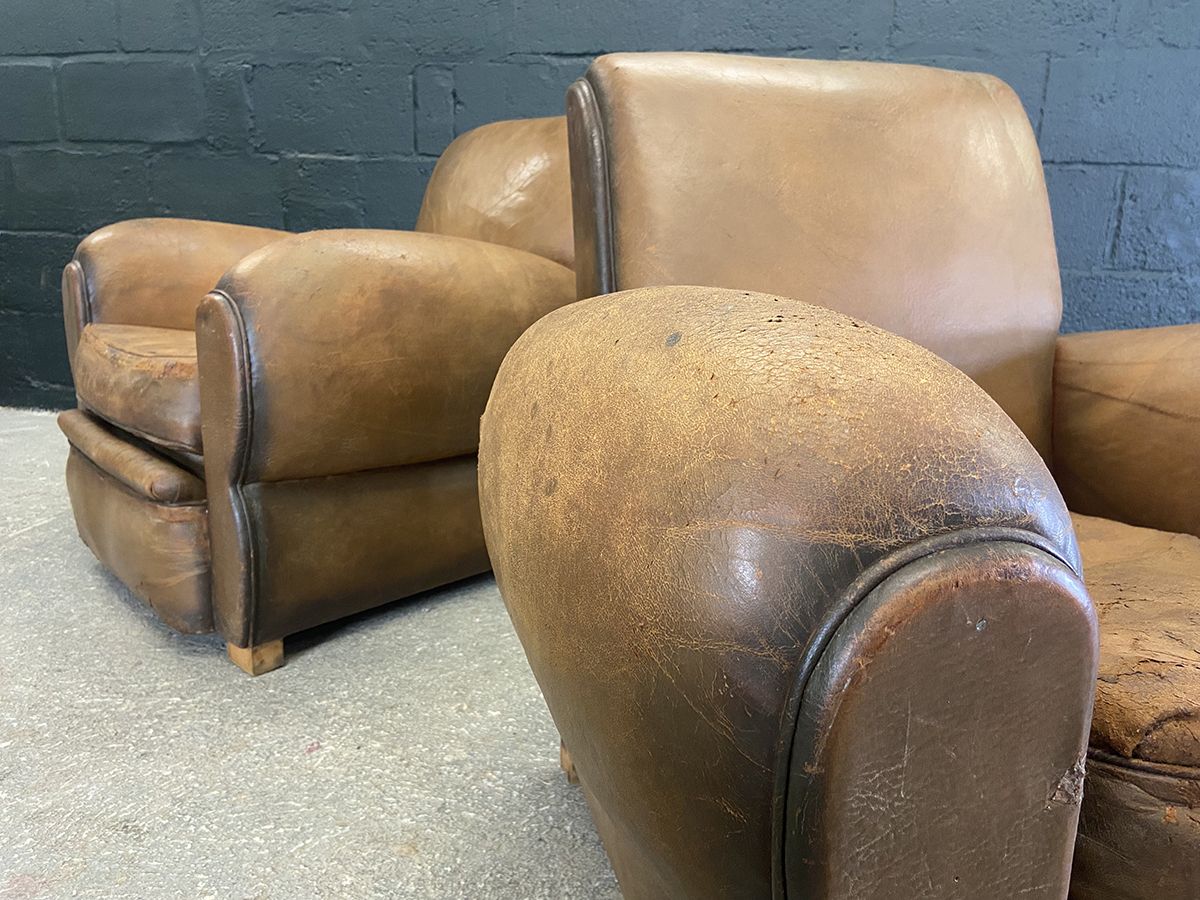Pair Of Original French Vintage Leather Club Chairs photo for sale
